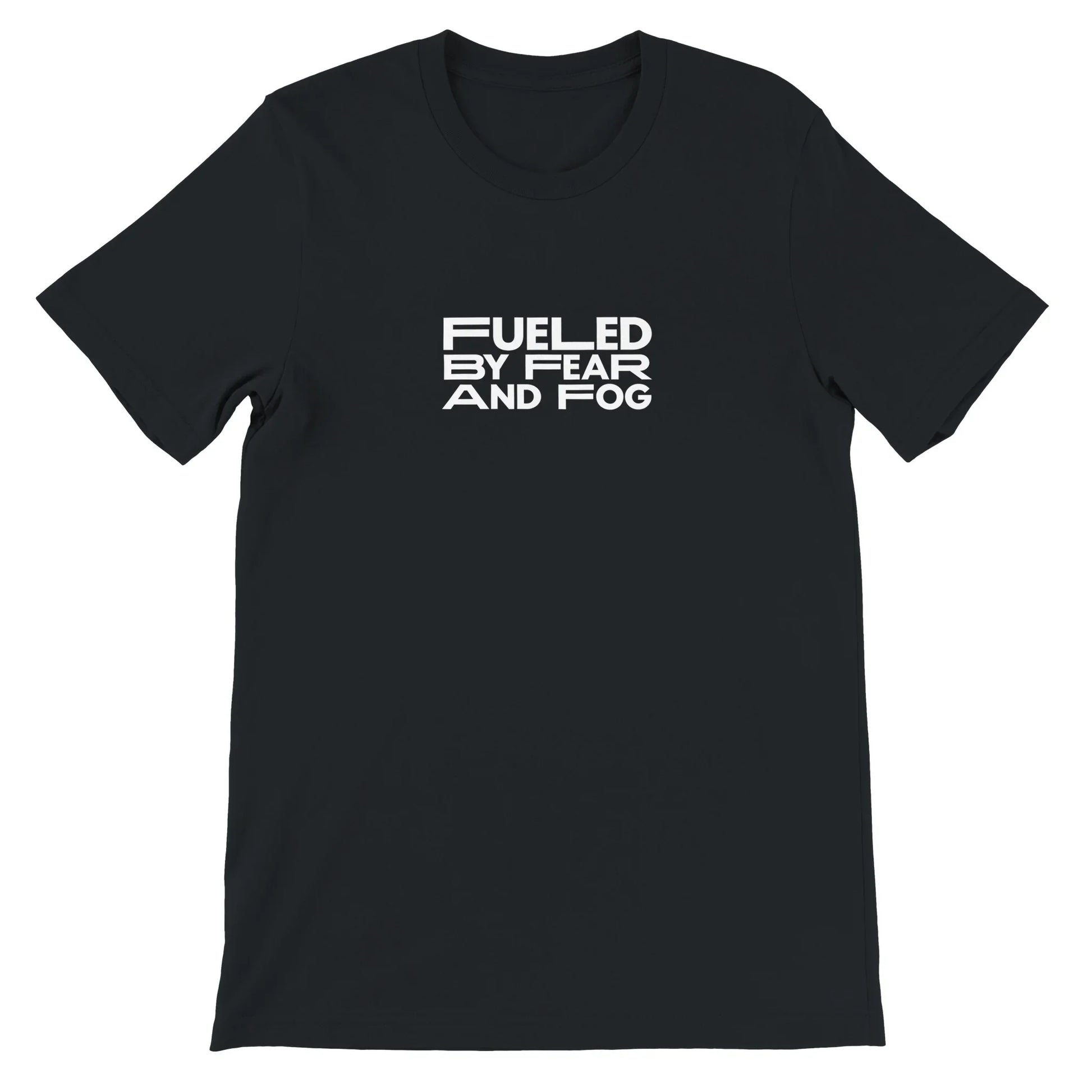 Black Spooky Season Theme Park Shirt with “Fueled By Fear and Fog” in a minimalistic design