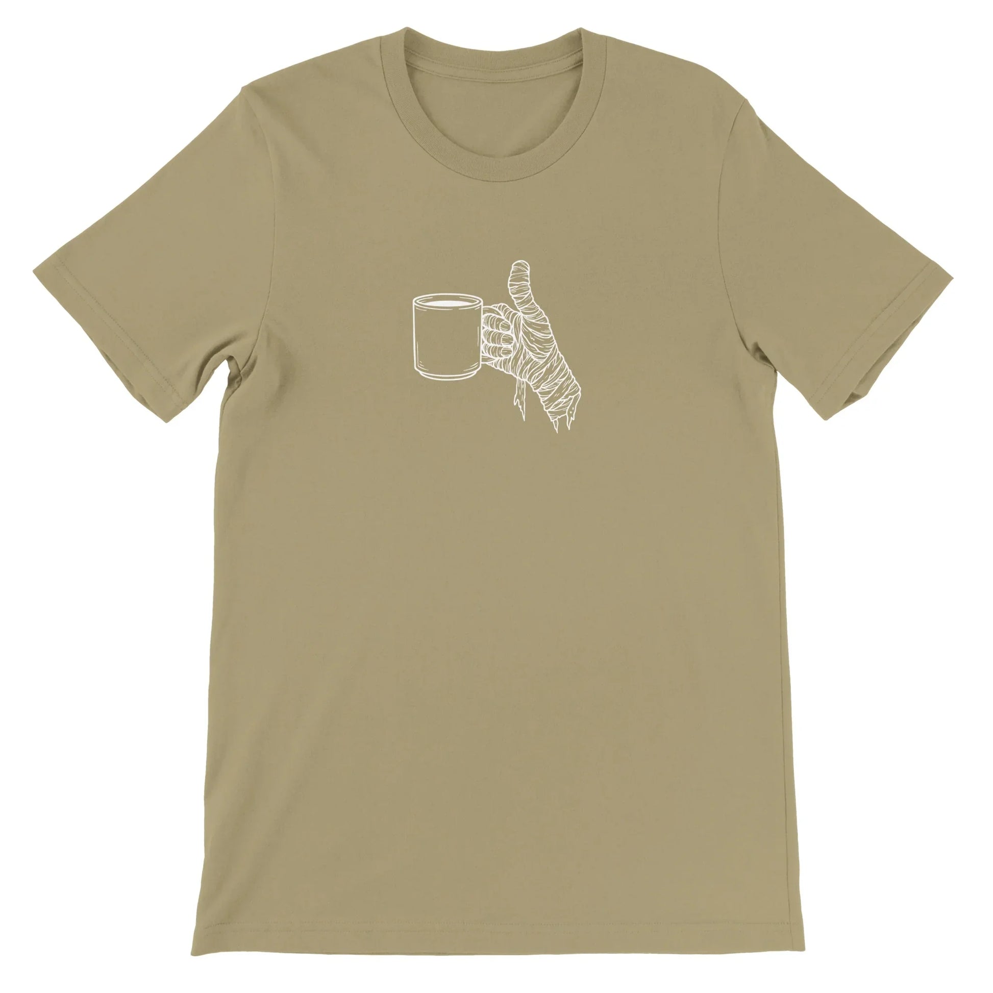 Tan Spooky Season Theme Park Shirt with a mummy hand holding a cup of coffee in a minimalistic design