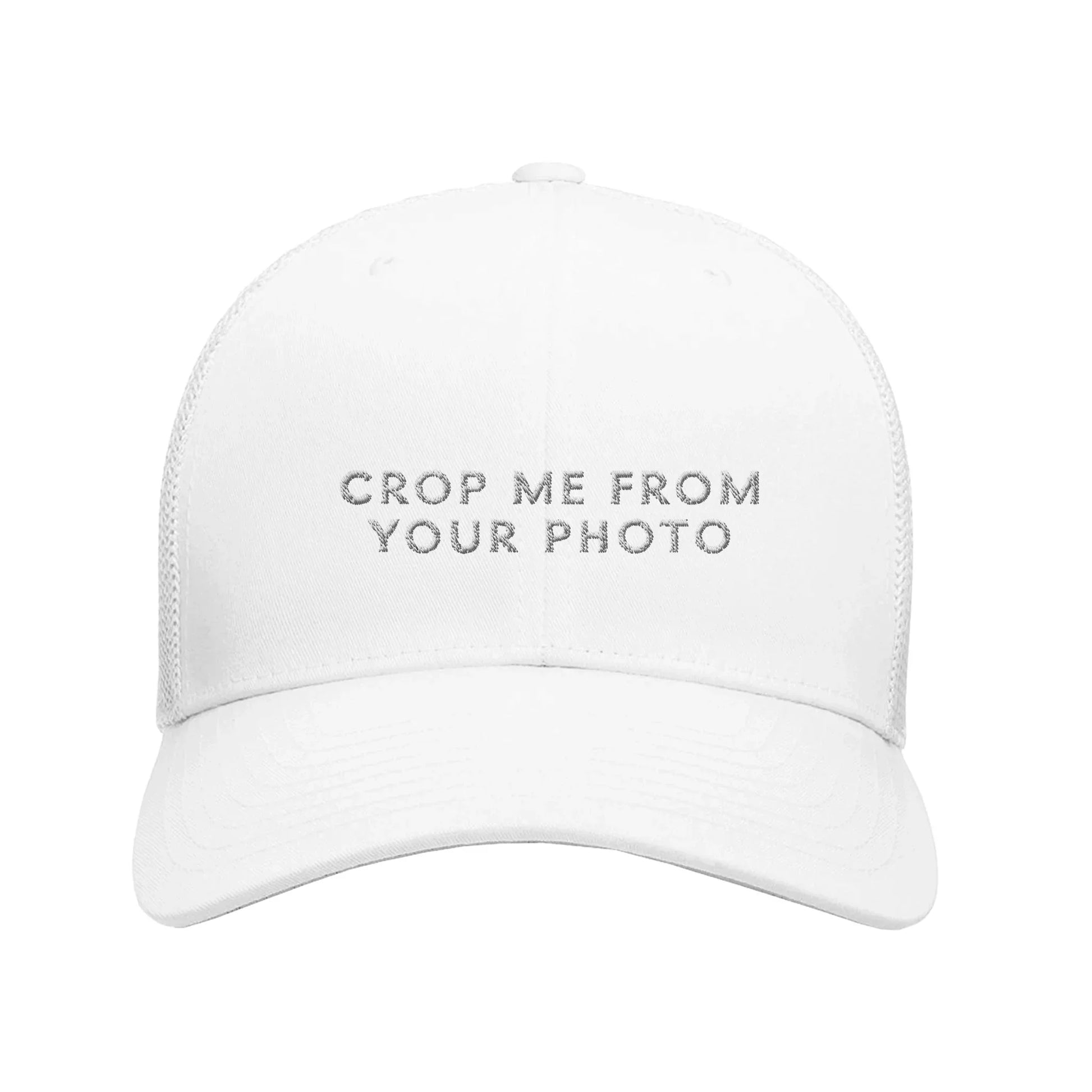 White Embroidered Theme Park Trucker Hat with With “Crop Me From Your Photo” in a minimalistic design