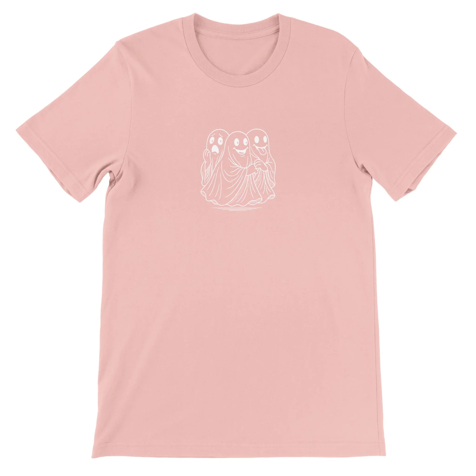 Pink Spooky Season Theme Park Shirt with three ghosts going through a haunted house in a minimalistic design