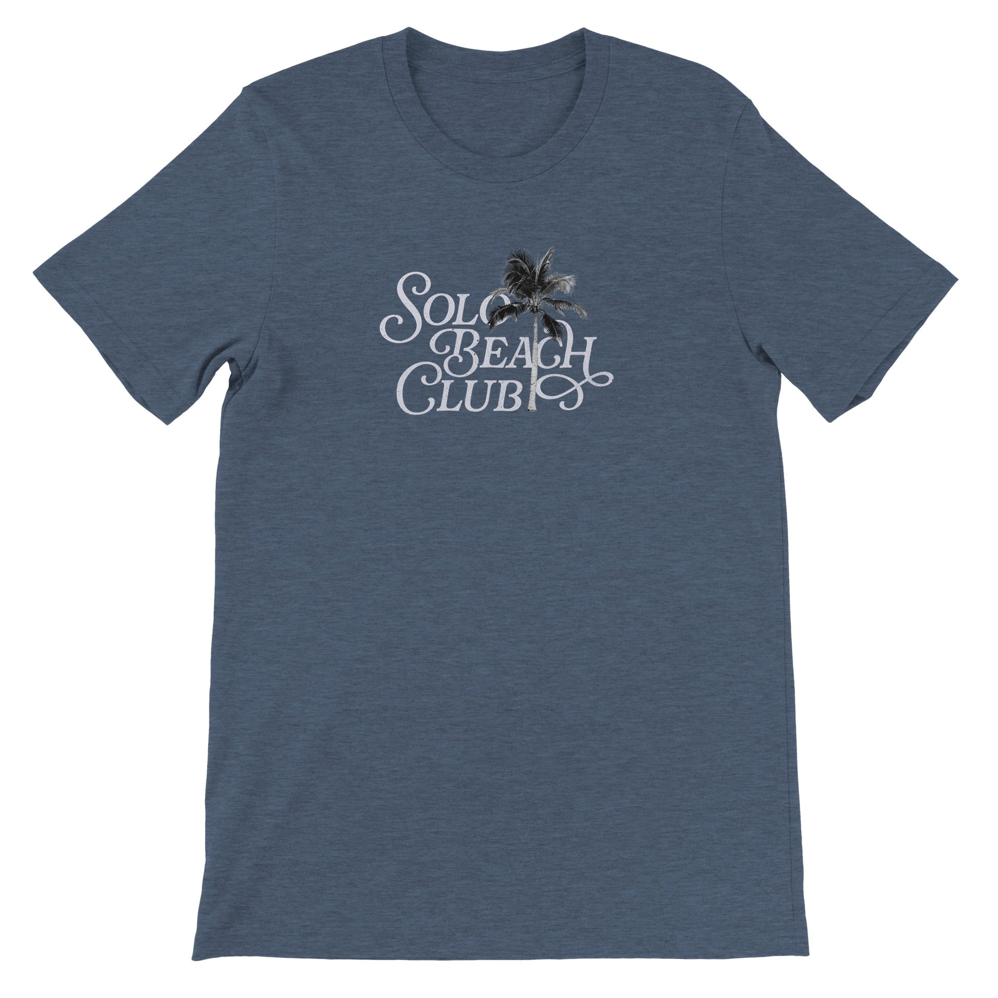 Blue t-shirt with 'Solo Beach Club' text and palm tree graphic, Florida beachwear style