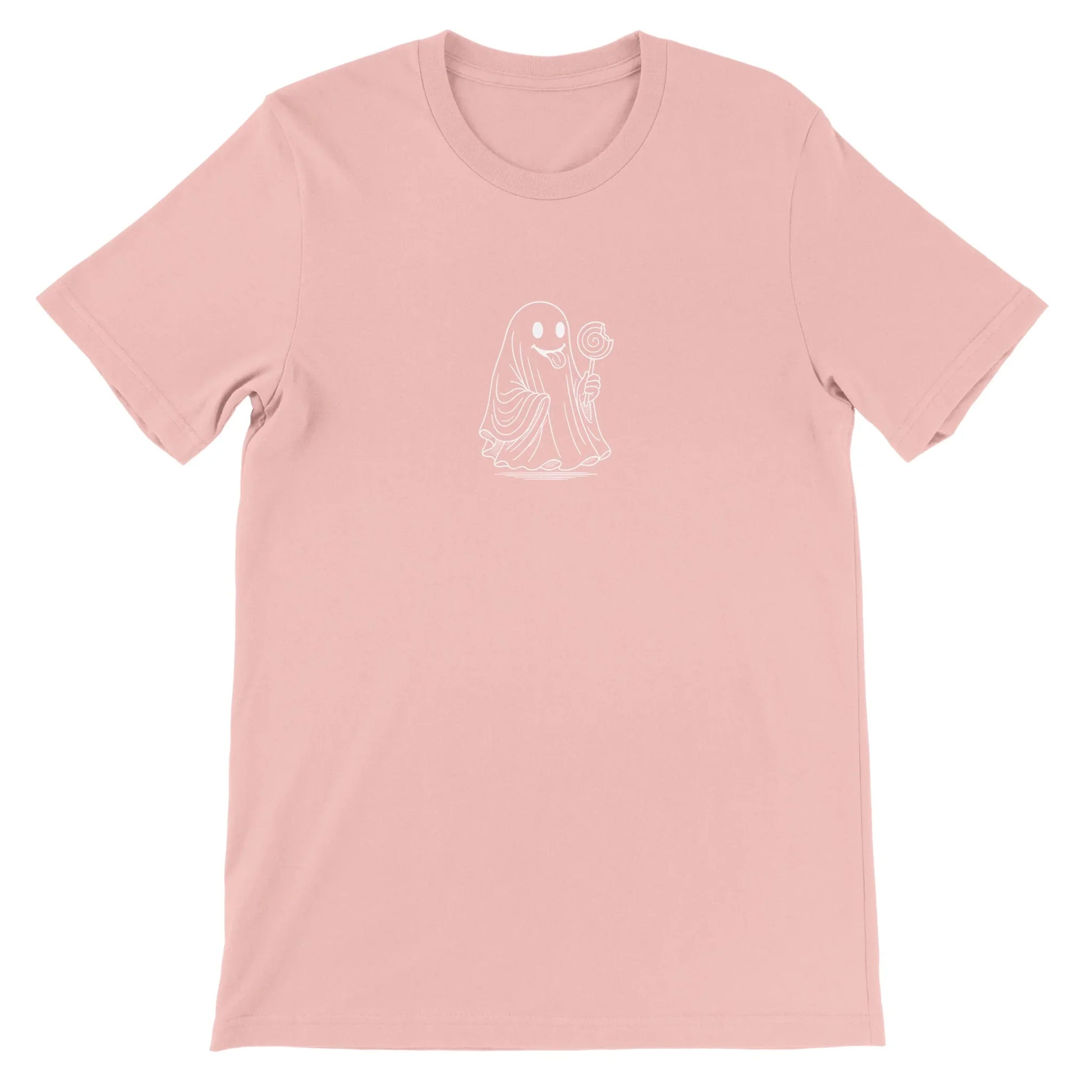 Pink Spooky Season Theme Park Shirt with a ghost going through a haunted house holding a lollipop
