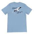 Light blue t-shirt with flying seagulls and 'Salt & Sky' beach graphic on back