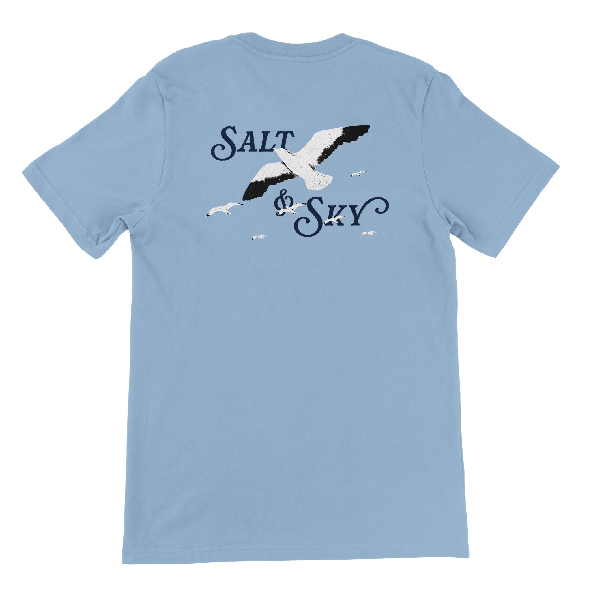 Light blue t-shirt with flying seagulls and 'Salt & Sky' beach graphic on back