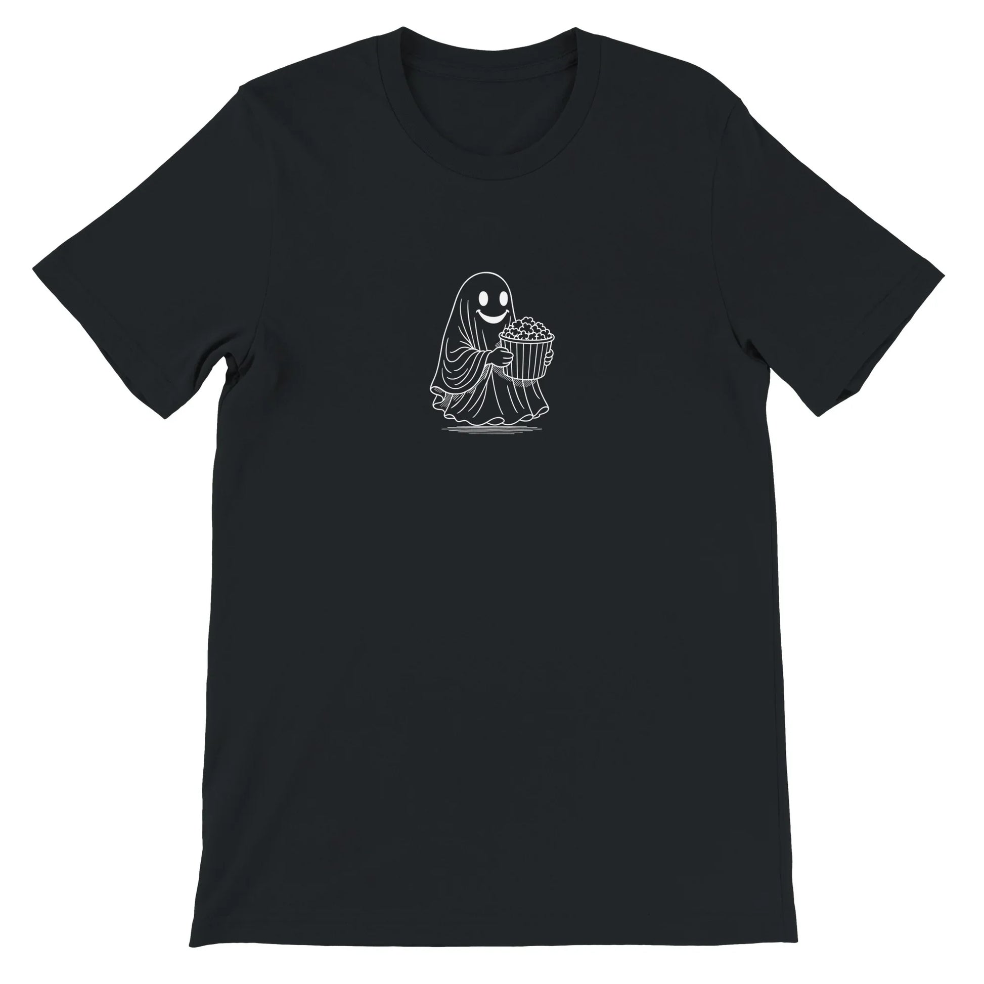 Black Spooky Season Theme Park Shirt with a ghost going through a haunted house holding a bucket of popcorn