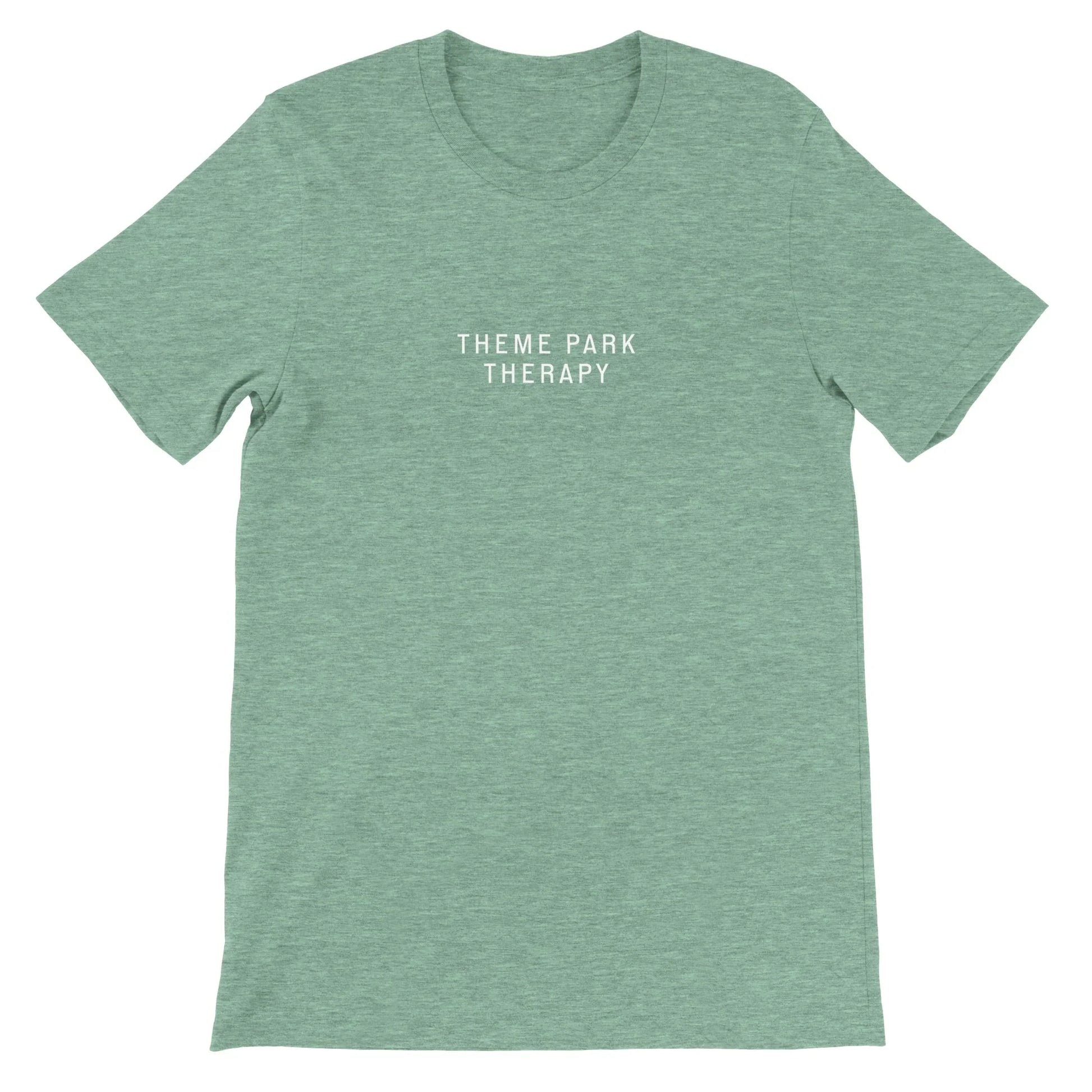 Green Theme Park Shirt that says “Theme Park Therapy” in a minimalistic design