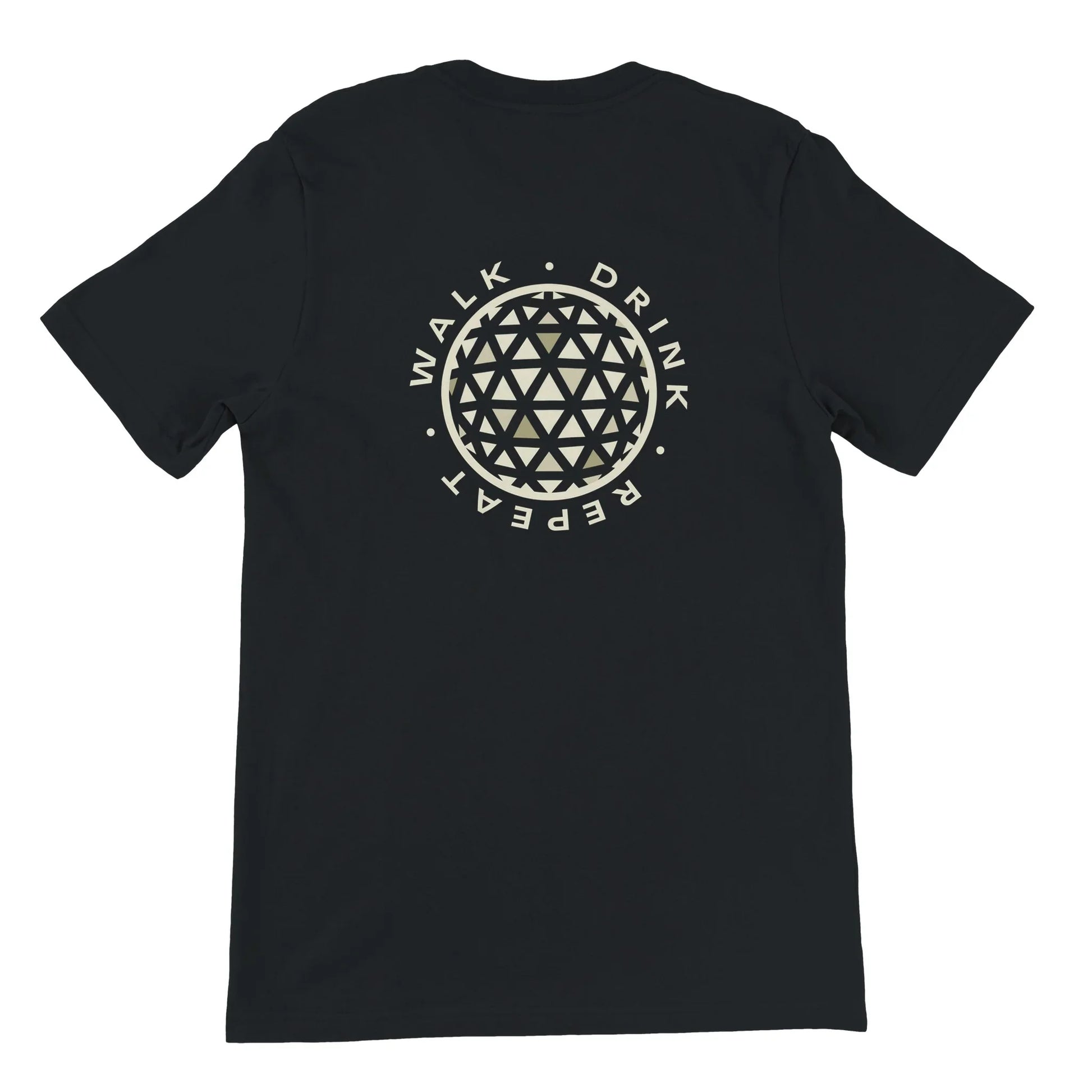 Black Theme Park Shirt with “Walk, Drink, Repeat” in a minimalistic design