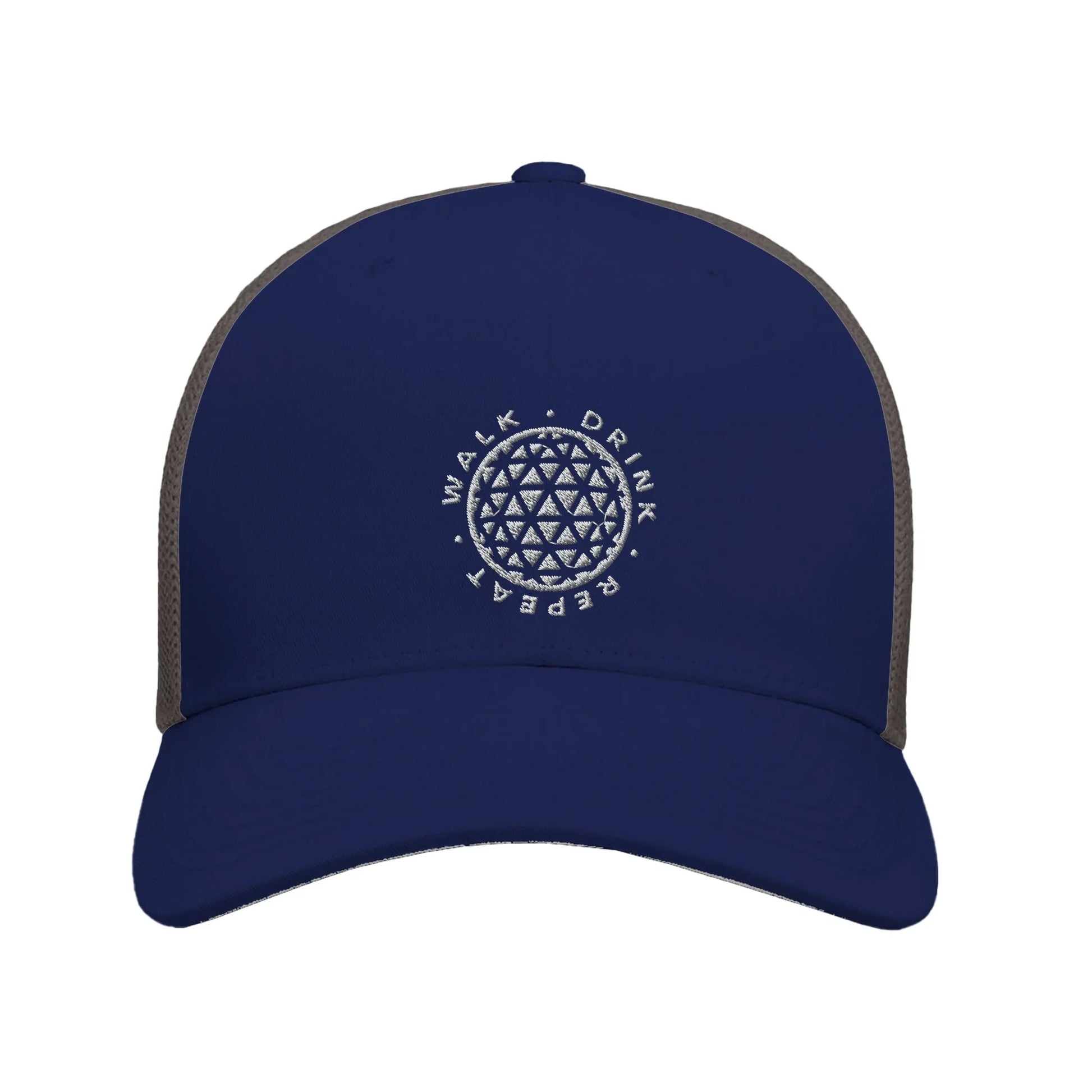 Navy Embroidered Theme Park Trucker Hat with With “Walk Drink Repeat” around a geodesic sphere