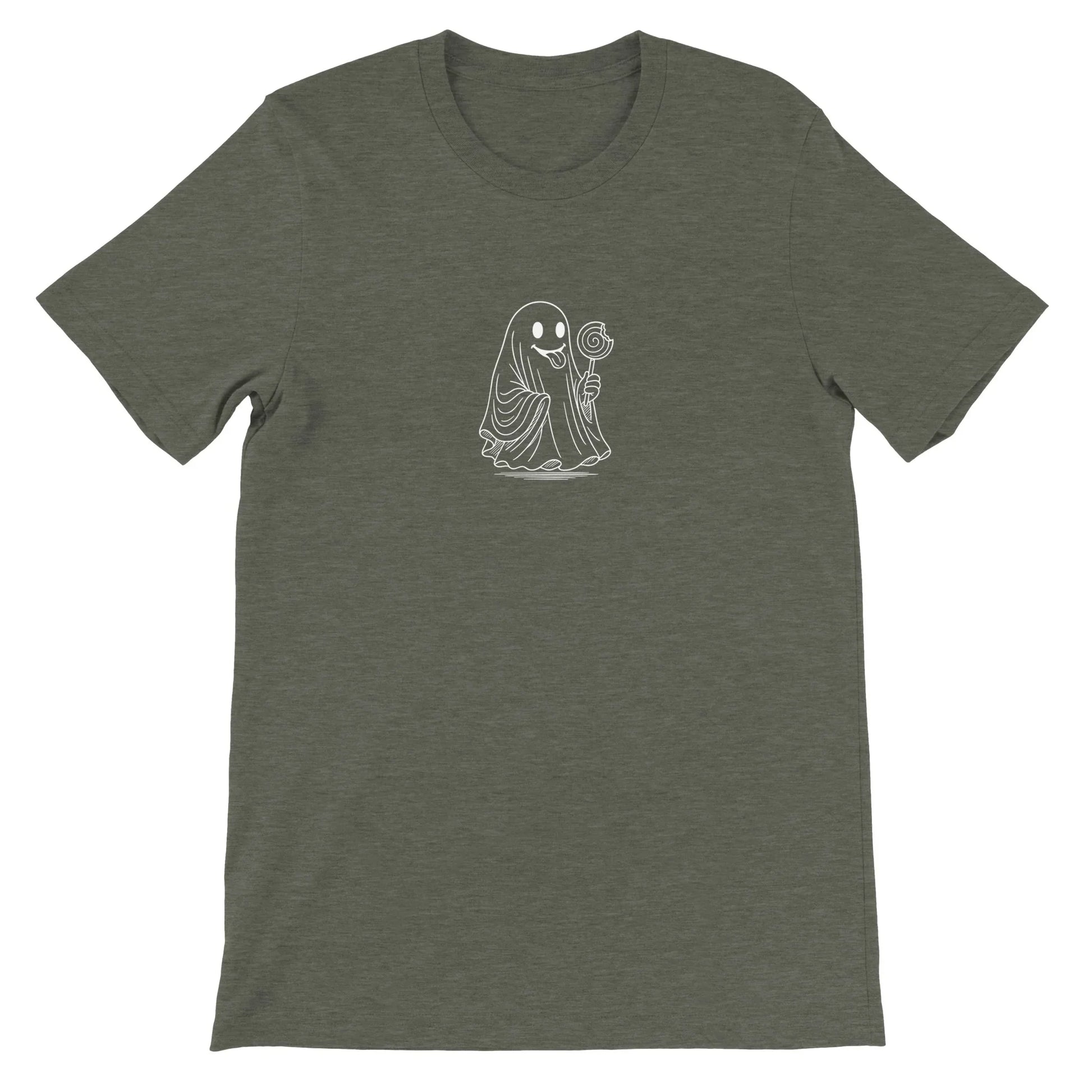 Green Spooky Season Theme Park Shirt with a ghost going through a haunted house holding a lollipop