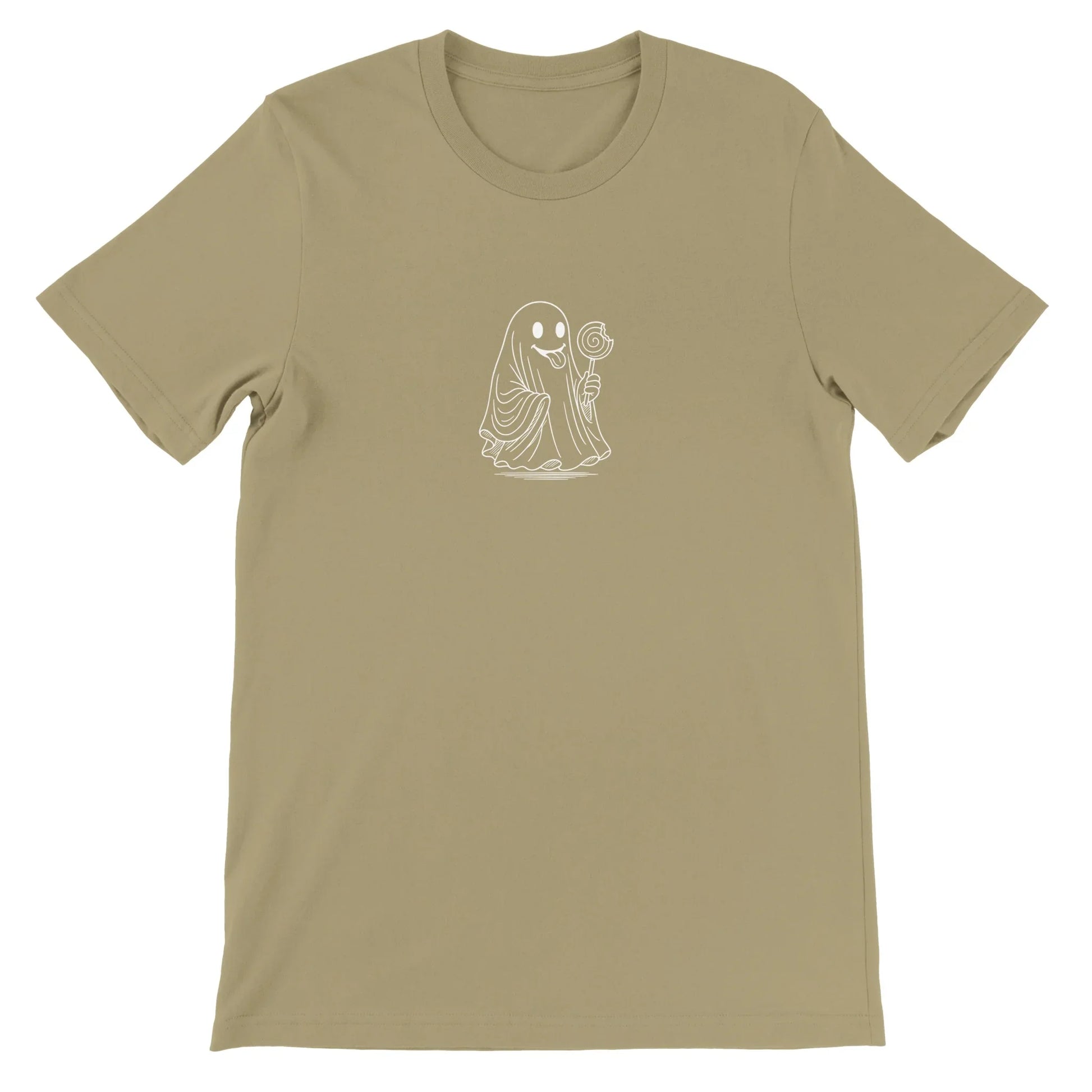 Tan Spooky Season Theme Park Shirt with a ghost going through a haunted house holding a lollipop