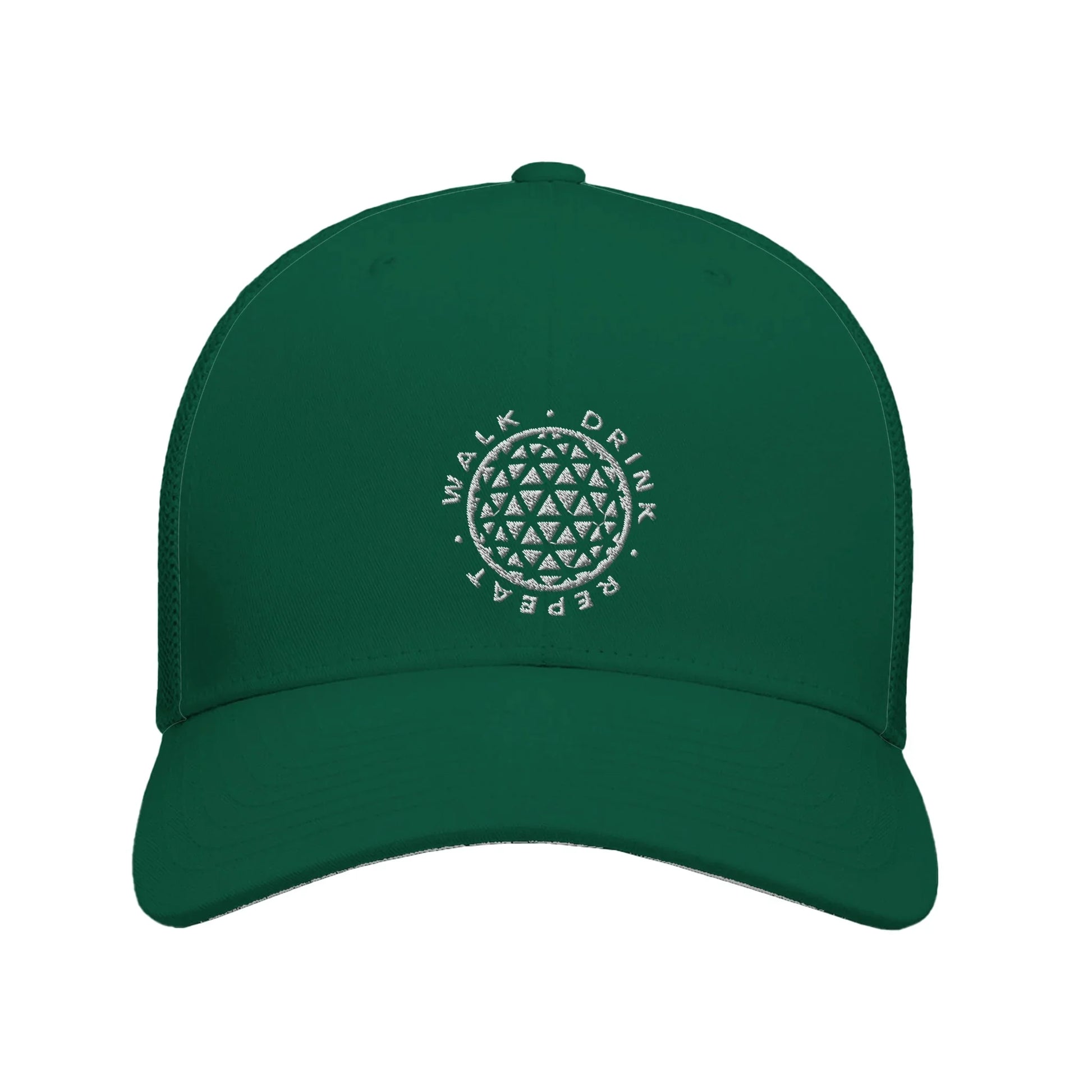 Green Embroidered Theme Park Trucker Hat with With “Walk Drink Repeat” around a geodesic sphere