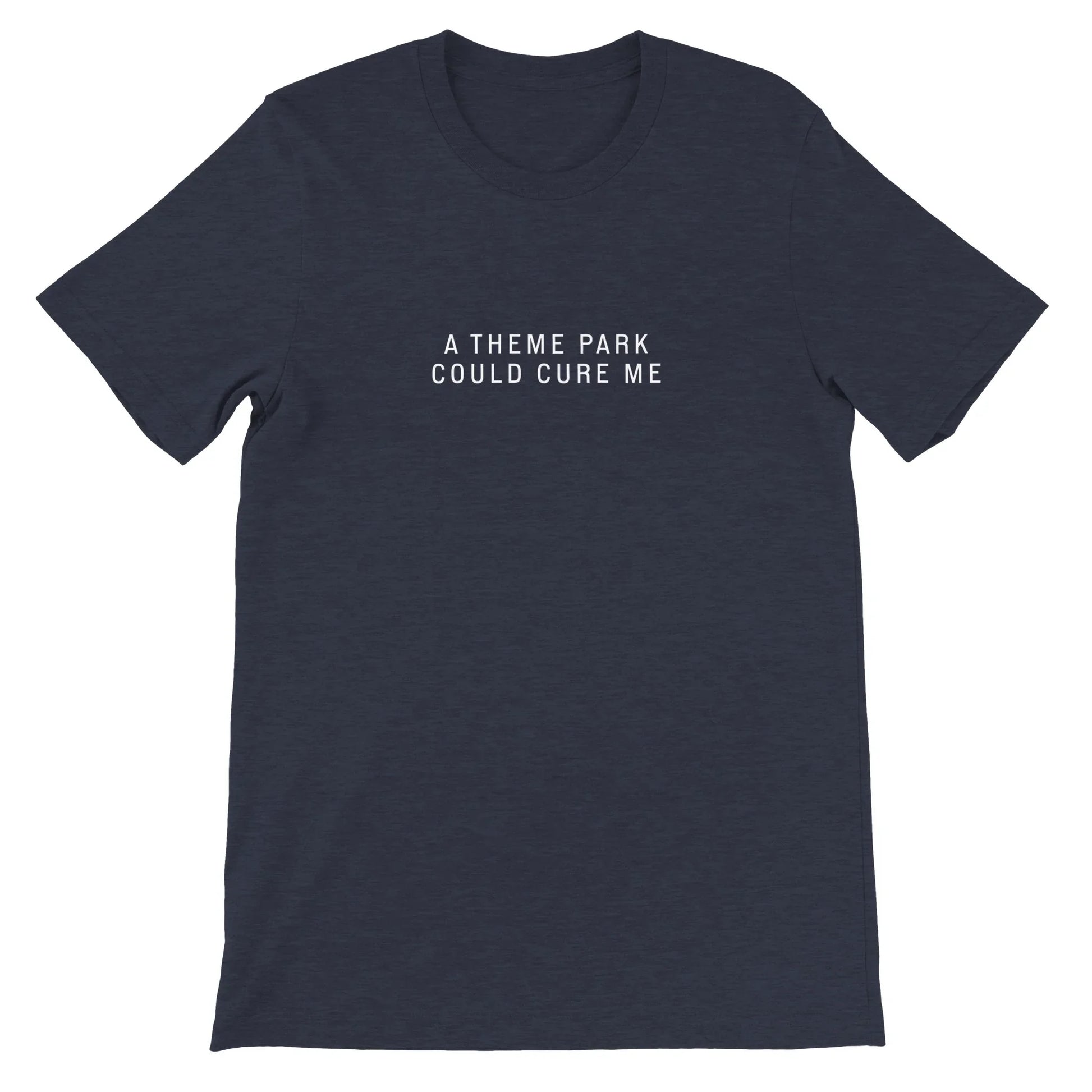 Navy Theme Park Shirt with text that says “A Theme Park Park Could Cure Me” in a minimalistic design
