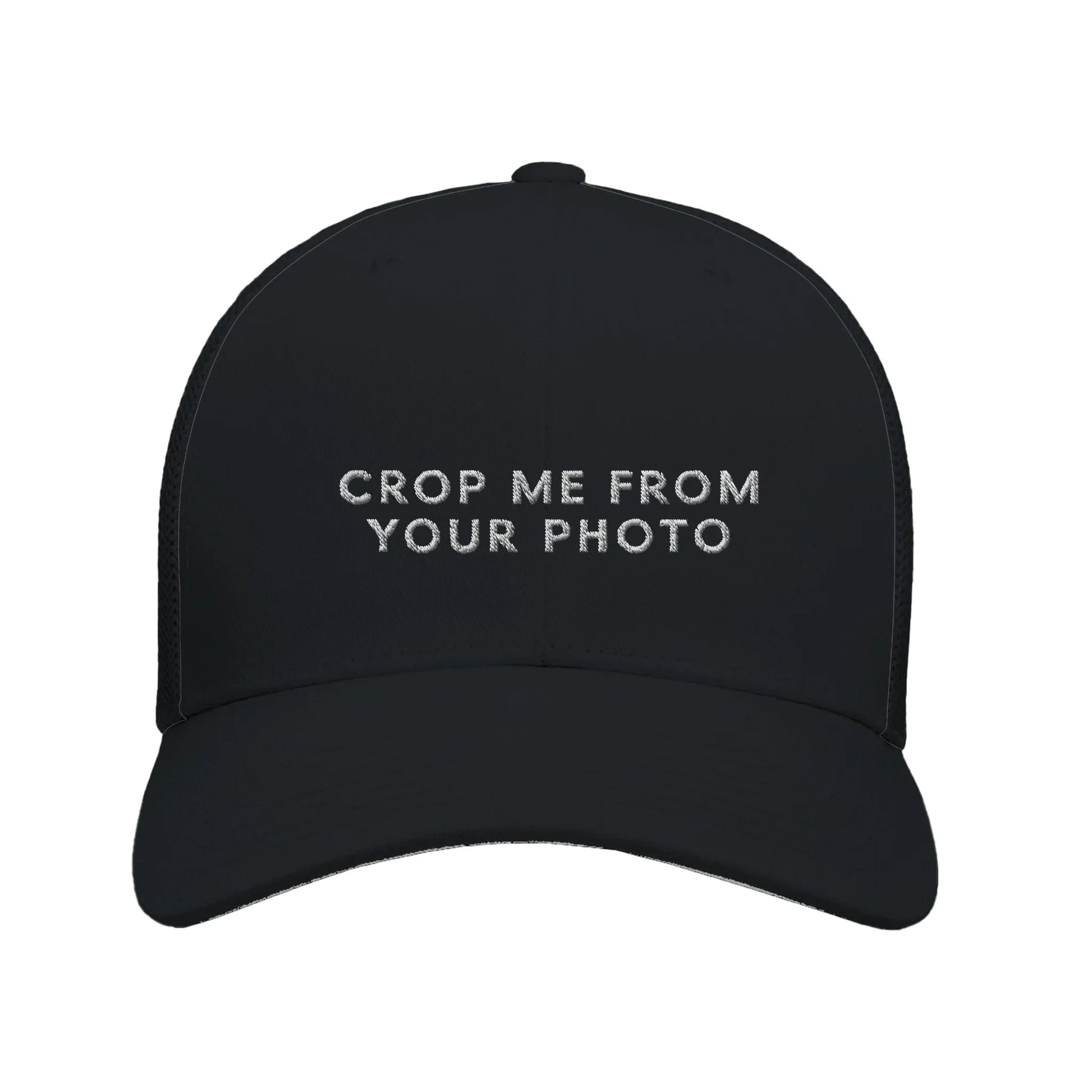 Black Embroidered Theme Park Trucker Hat with With “Crop Me From Your Photo” in a minimalistic design