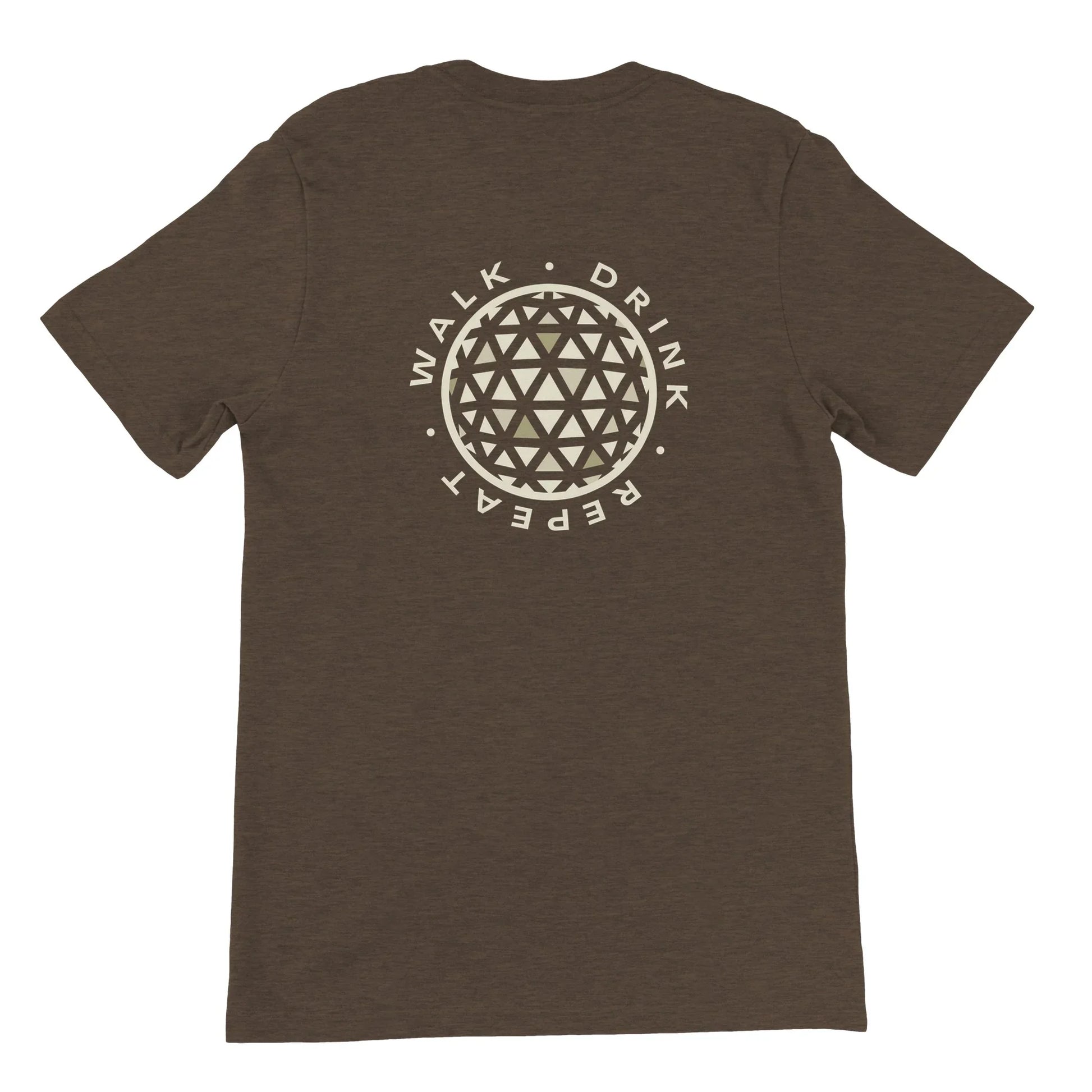 Brown Theme Park Shirt with “Walk, Drink, Repeat” in a minimalistic design