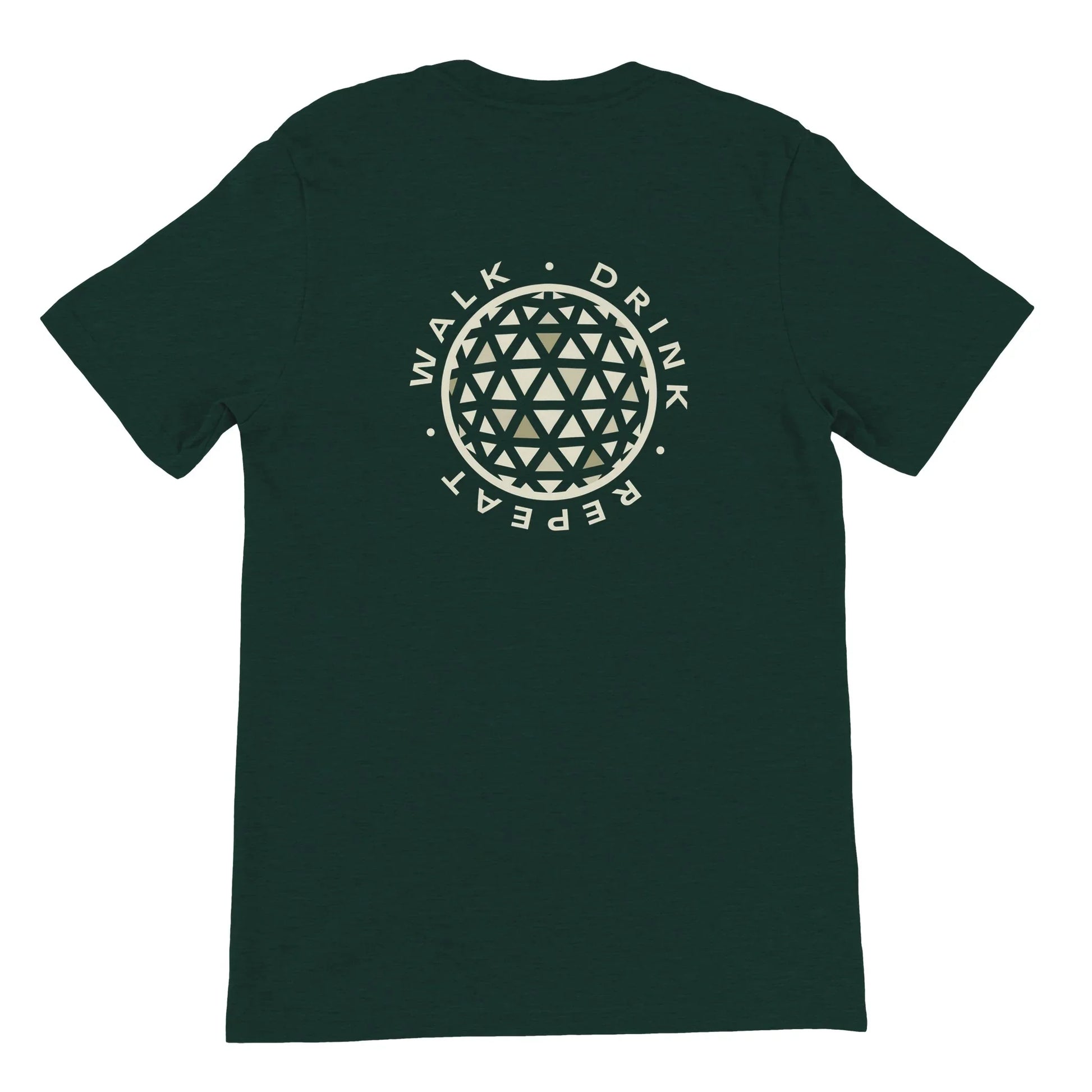 Green Theme Park Shirt with “Walk, Drink, Repeat” in a minimalistic design