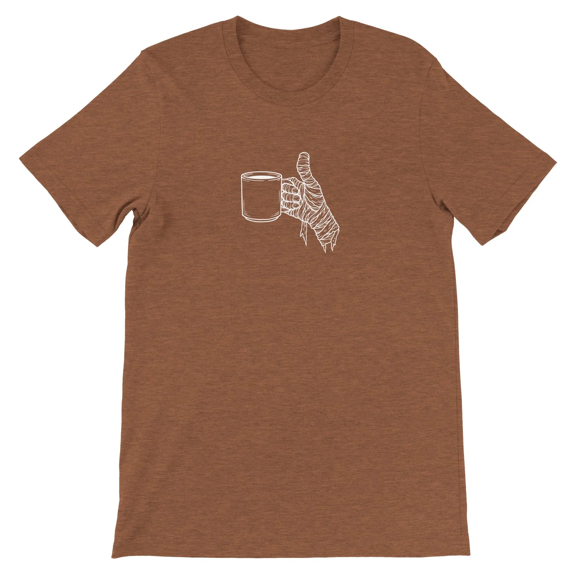 Brown Spooky Season Theme Park Shirt with a mummy hand holding a cup of coffee in a minimalistic design