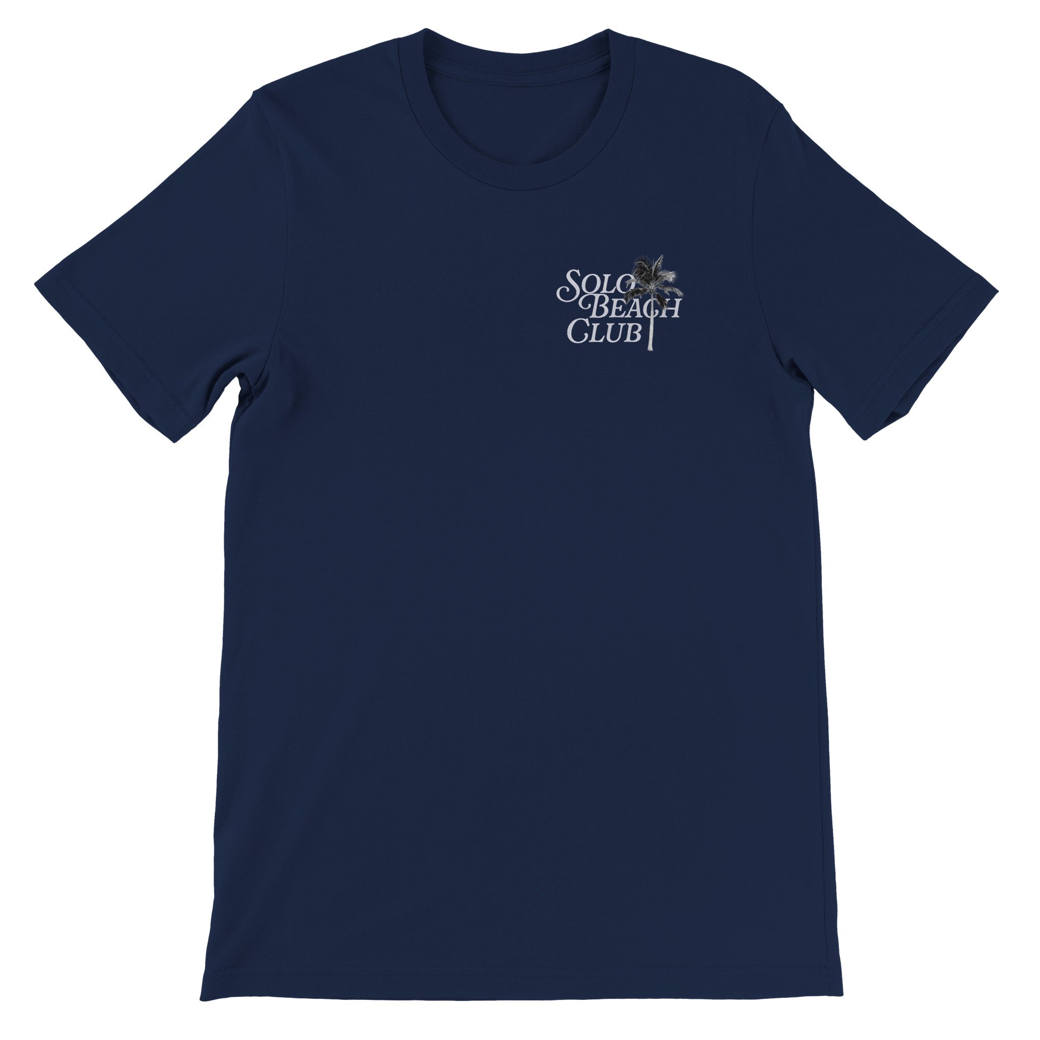 Navy blue t-shirt with Solo Beach Club and palm tree graphic on chest