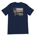 Navy t-shirt with palm tree, sunset beach graphic and Solo Beach Club text on back