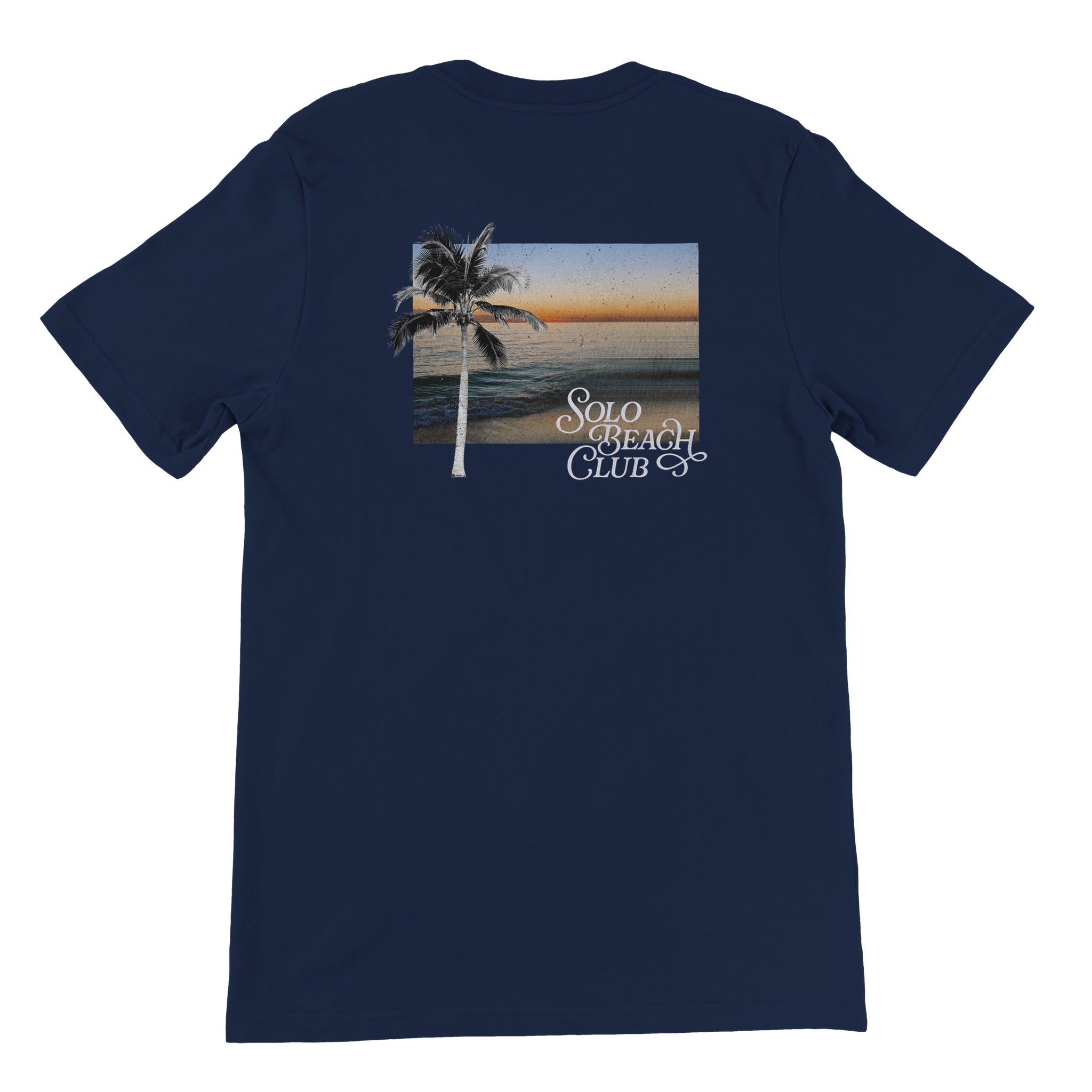 Navy t-shirt with palm tree, sunset beach graphic and Solo Beach Club text on back