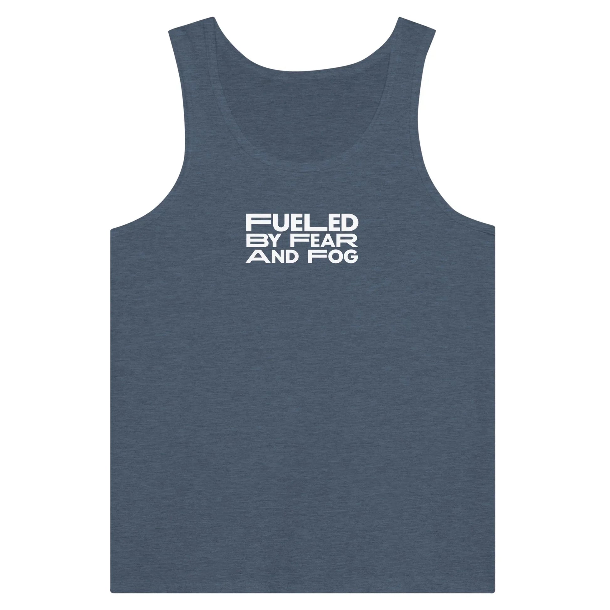 Blue Spooky Season Theme Park Tank Top that says “Fueled By Fear and Fog” in a minimalistic design