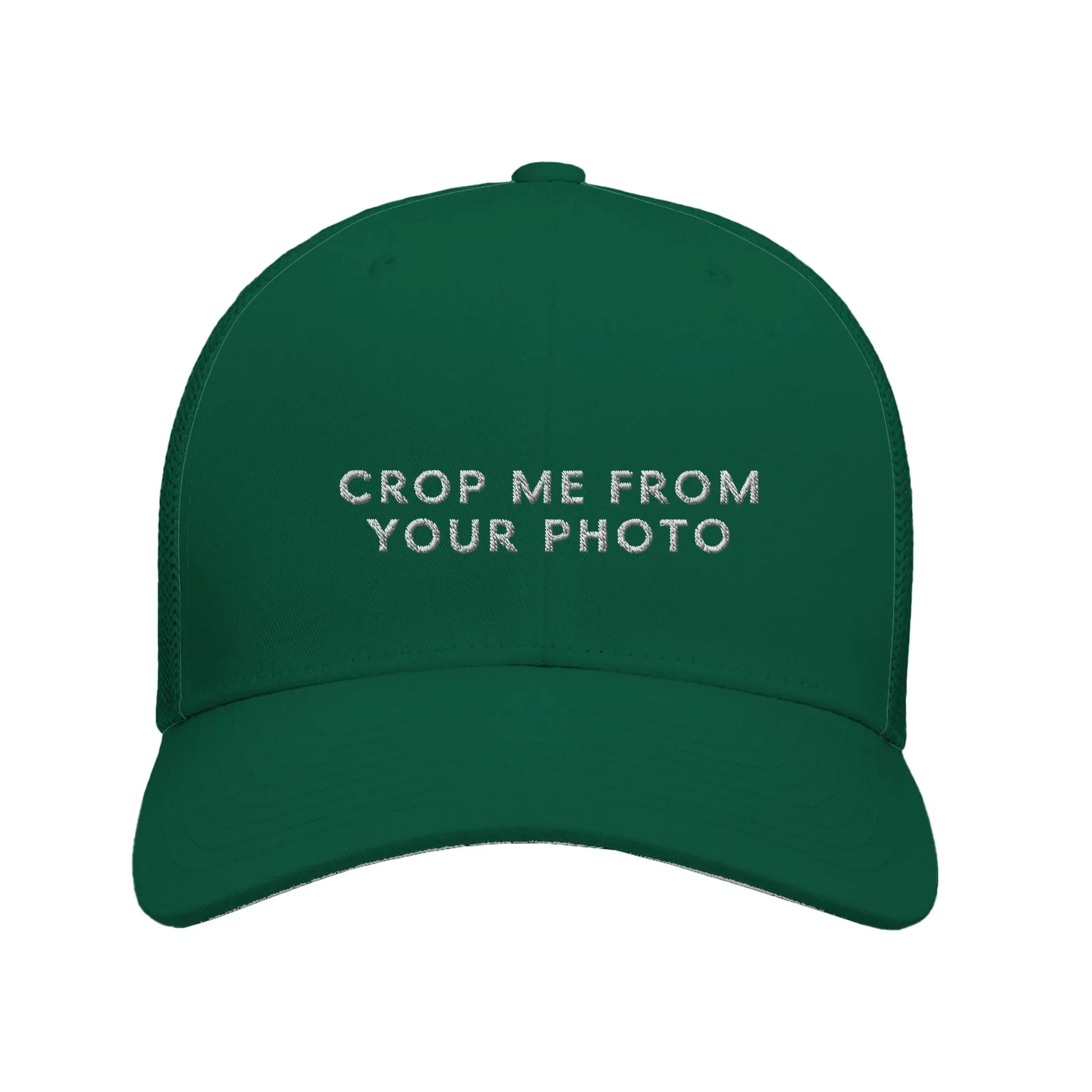 Green Embroidered Theme Park Trucker Hat with With “Crop Me From Your Photo” in a minimalistic design