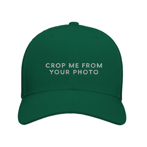 Green Embroidered Theme Park Trucker Hat with With “Crop Me From Your Photo” in a minimalistic design