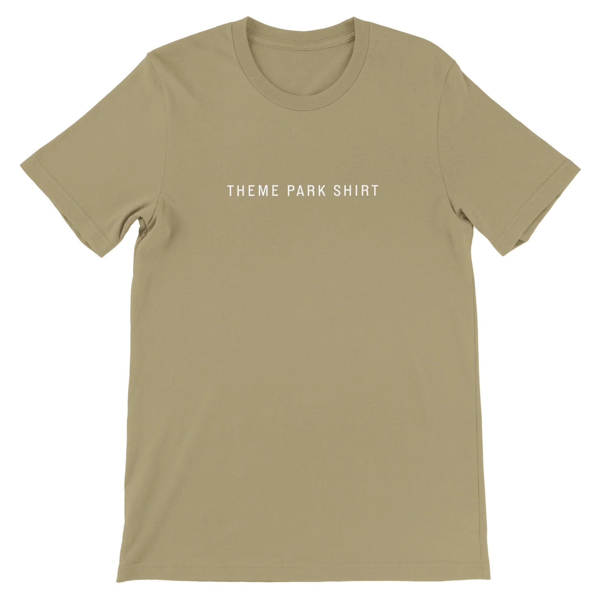 Tan Theme Park Shirt with text says “Theme Park Shirt” in a minimalistic design