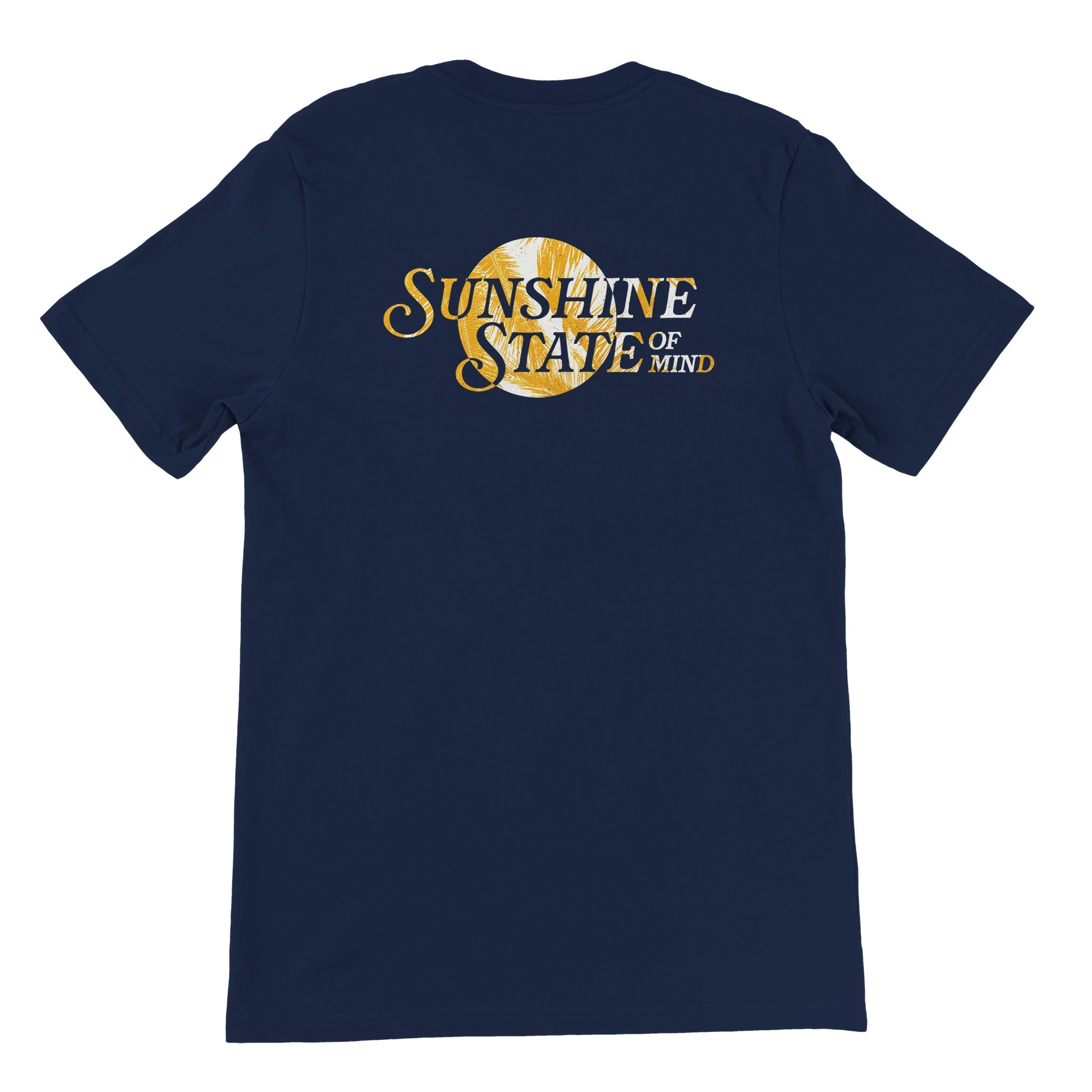 Navy blue t-shirt with 'Sunshine State of Mind' and yellow sun graphic on back.