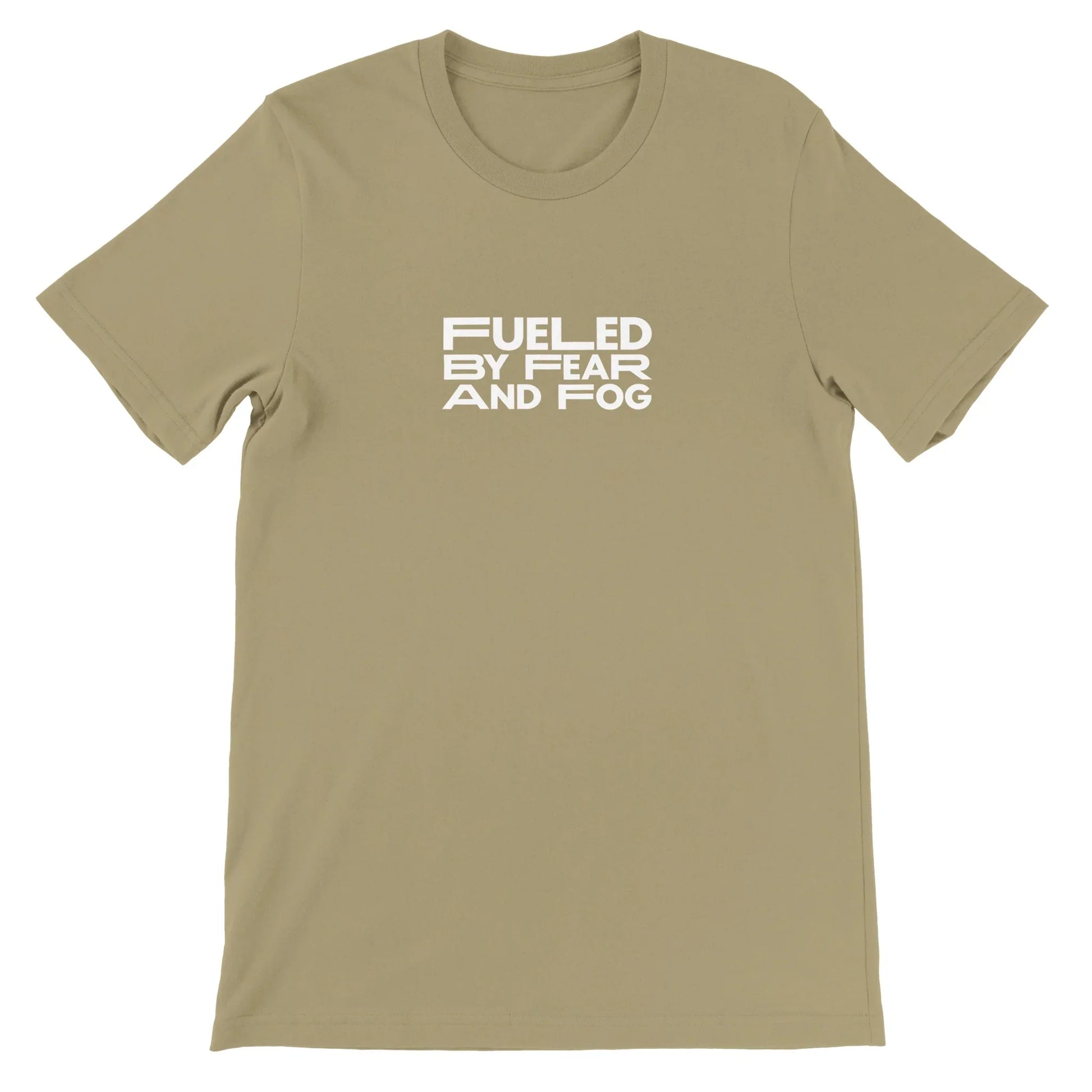 Tan Spooky Season Theme Park Shirt with “Fueled By Fear and Fog” in a minimalistic design