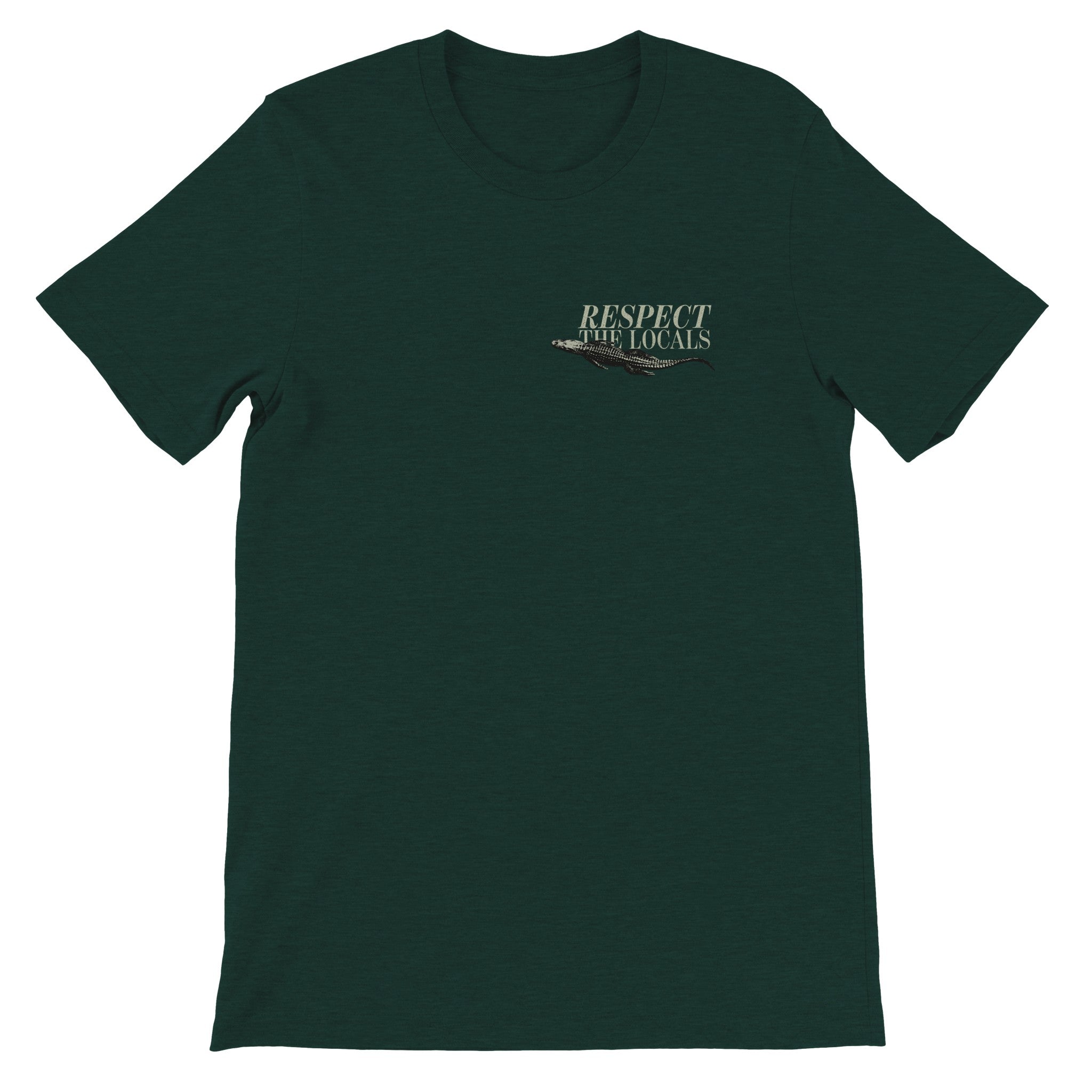 Dark green t-shirt with 'Respect the Locals' text and alligator graphic on chest