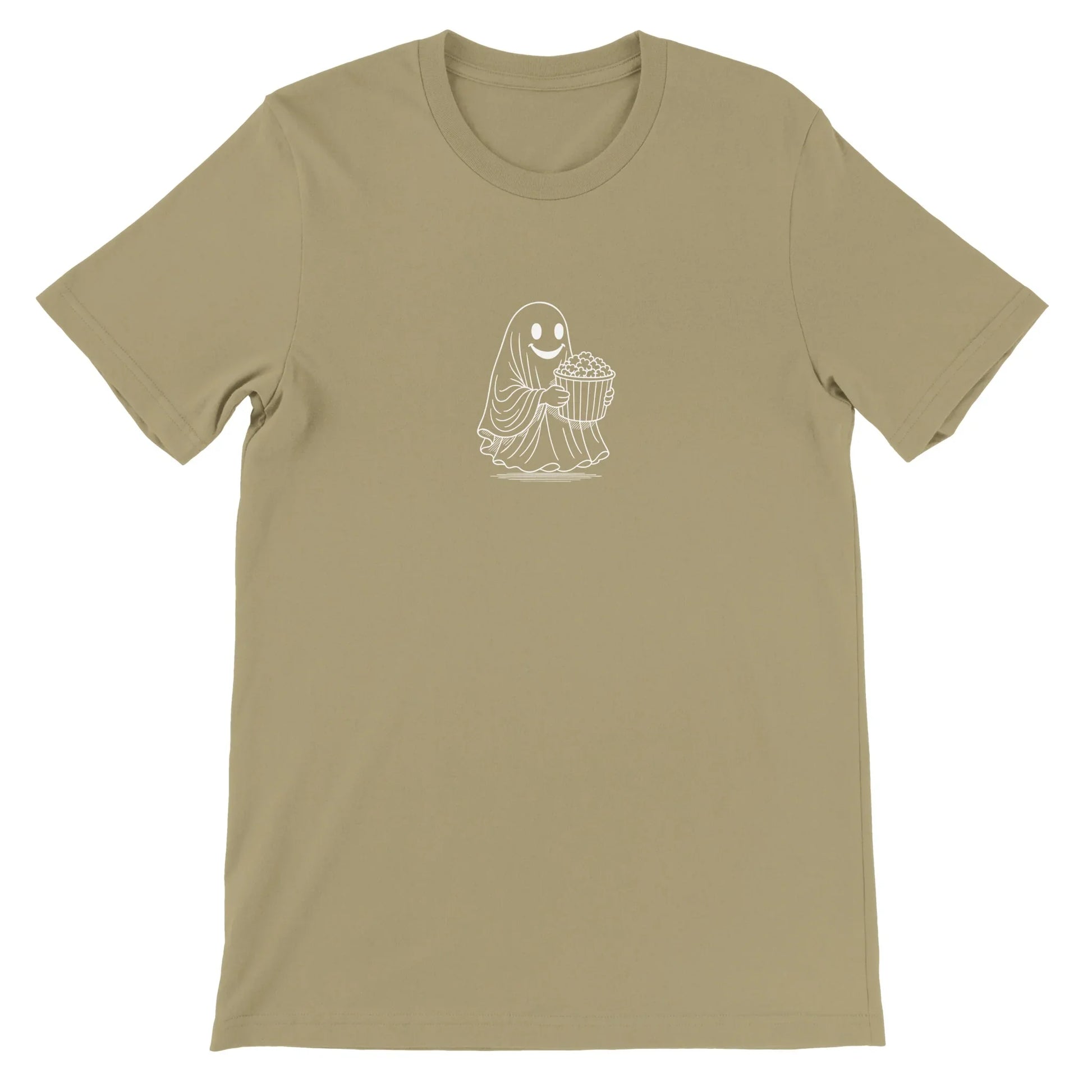 Tan Spooky Season Theme Park Shirt with a ghost going through a haunted house holding a bucket of popcorn