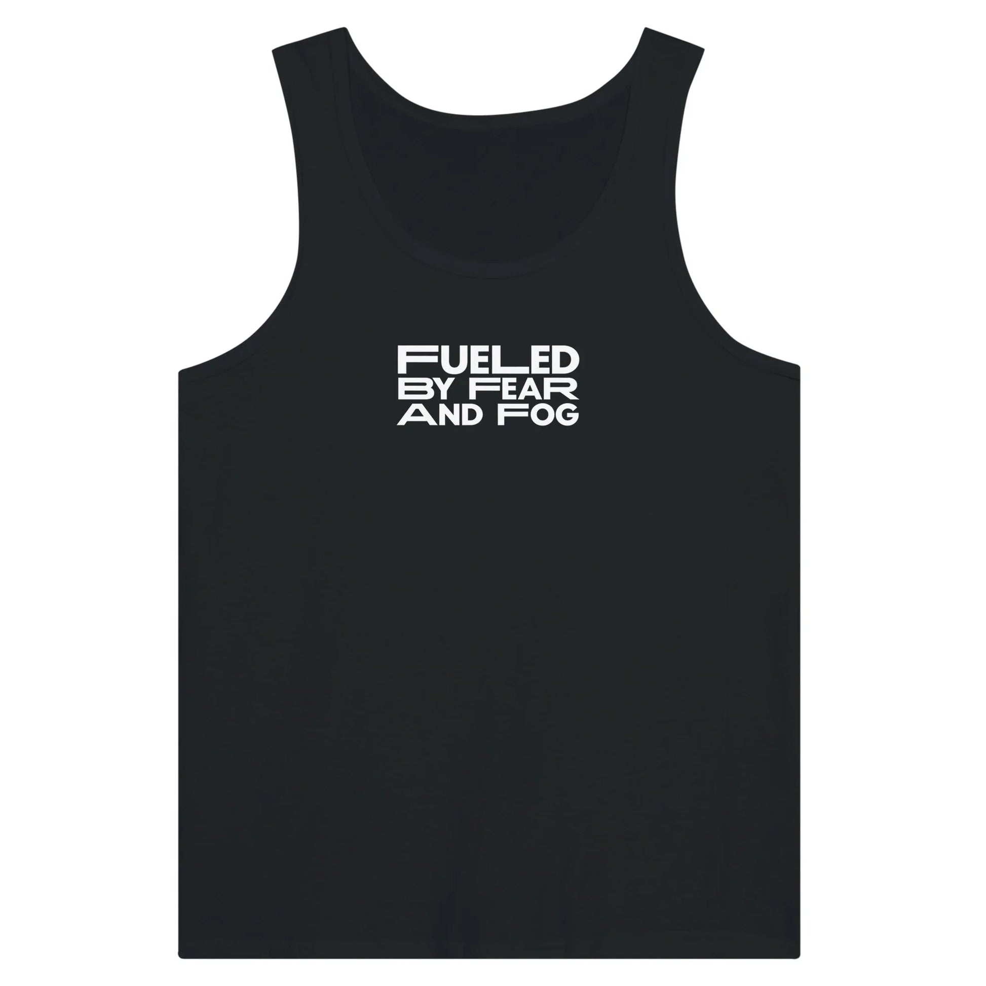 Black Spooky Season Theme Park Tank Top that says “Fueled By Fear and Fog” in a minimalistic design