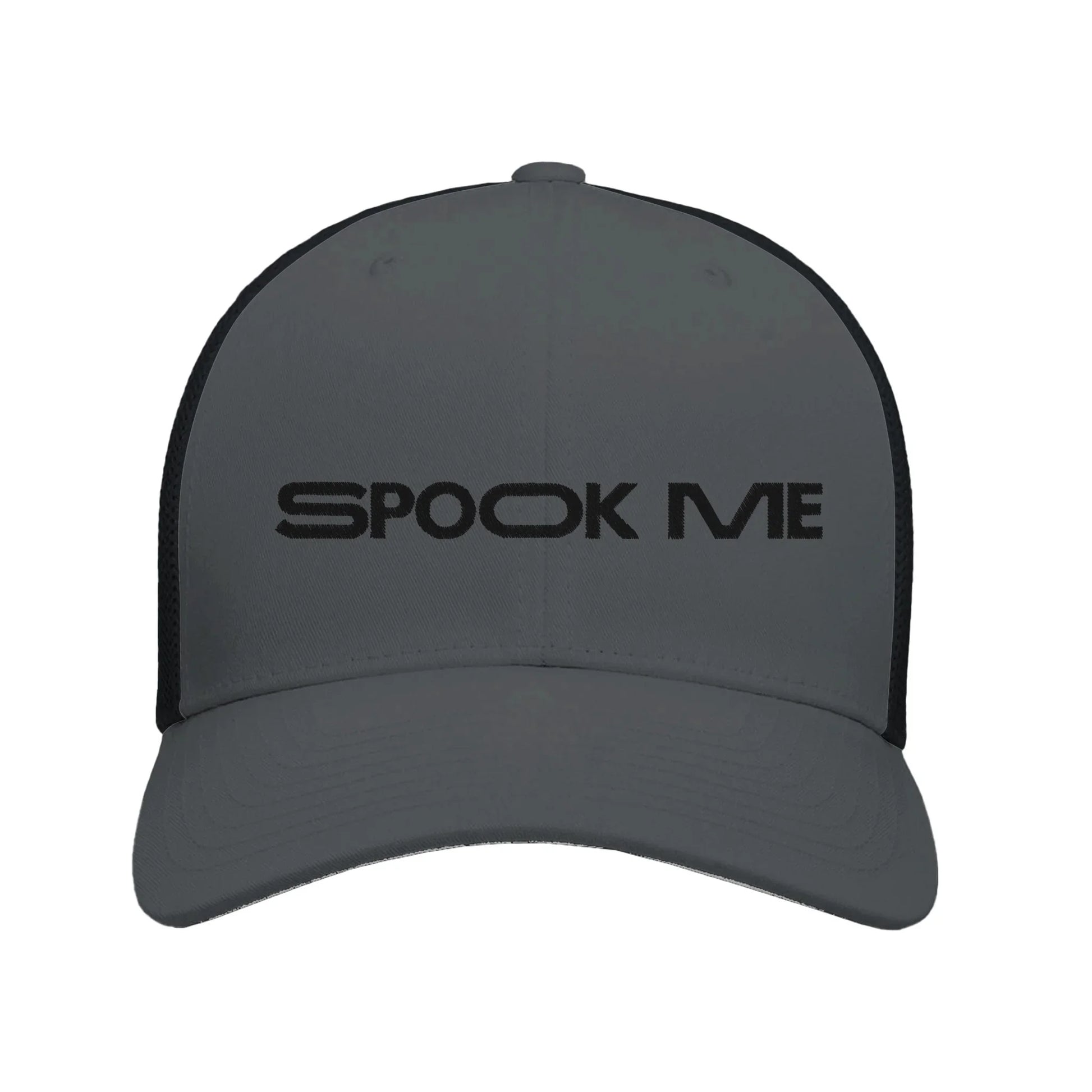 Grey Embroidered Spooky Season Theme Park Trucker Hat with With “Spook Me” in a minimalistic design