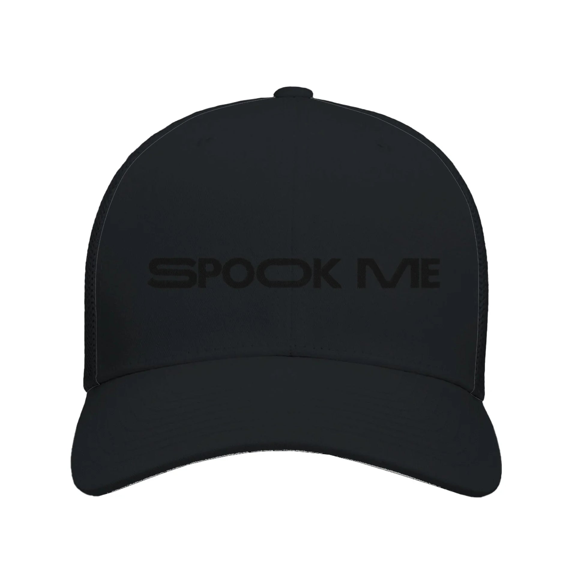 Black Embroidered Spooky Season Theme Park Trucker Hat with With “Spook Me” in a minimalistic design