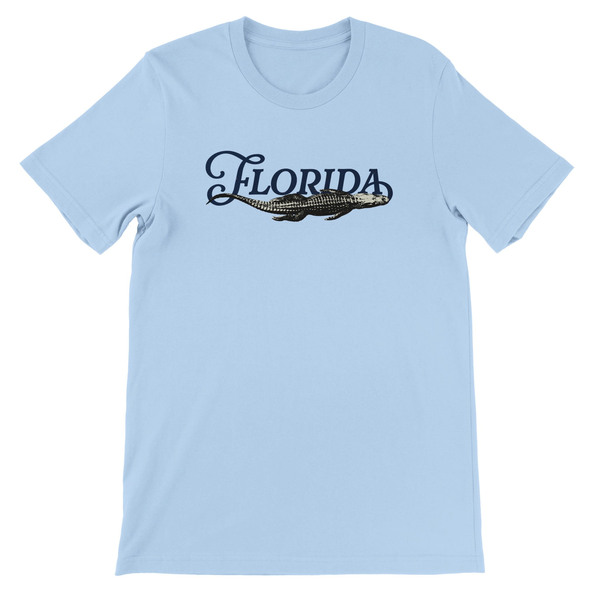 Light blue t-shirt with alligator graphic and Florida text, Florida wildlife apparel