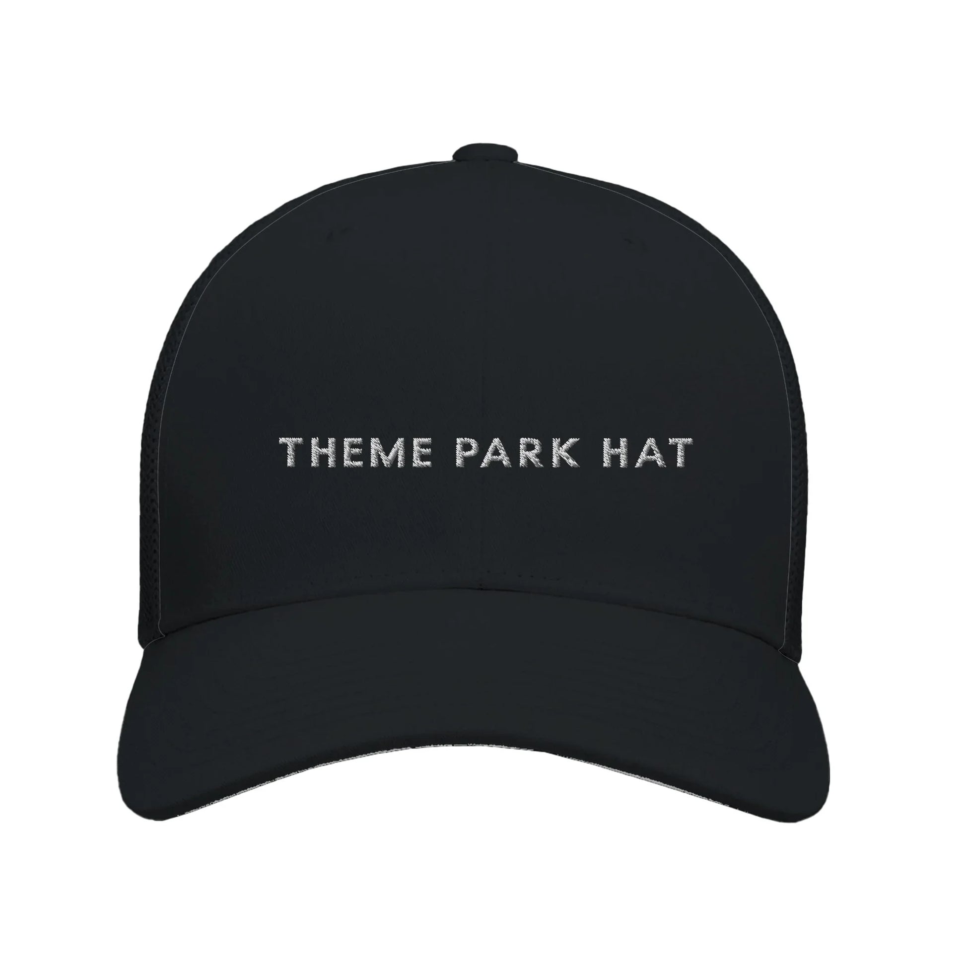 Black Embroidered Theme Park Trucker Hat with With “Theme Park Hat” in a minimalistic design