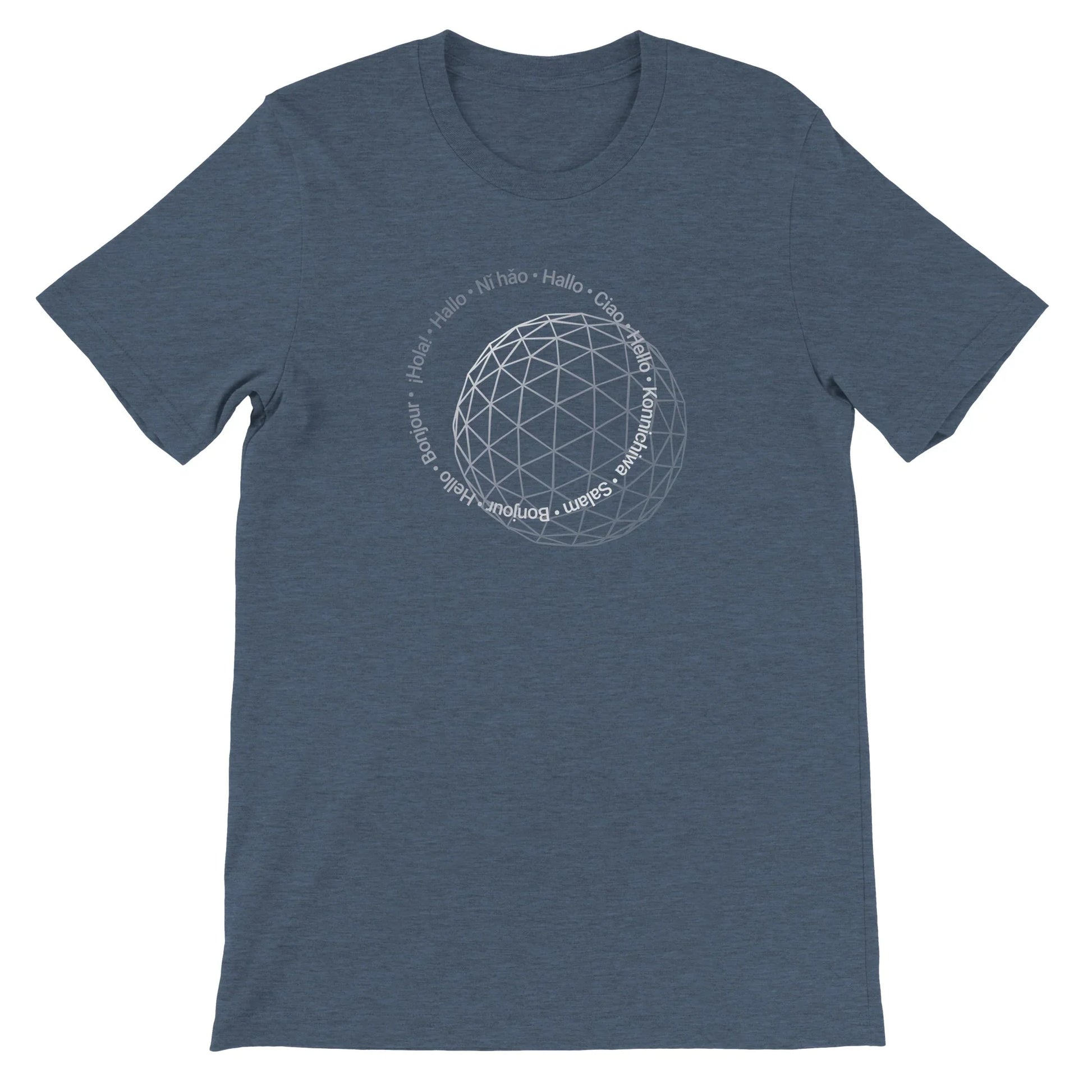 Navy Theme Park Shirt with “Hello In Eleven Different Languages” in a minimalistic design