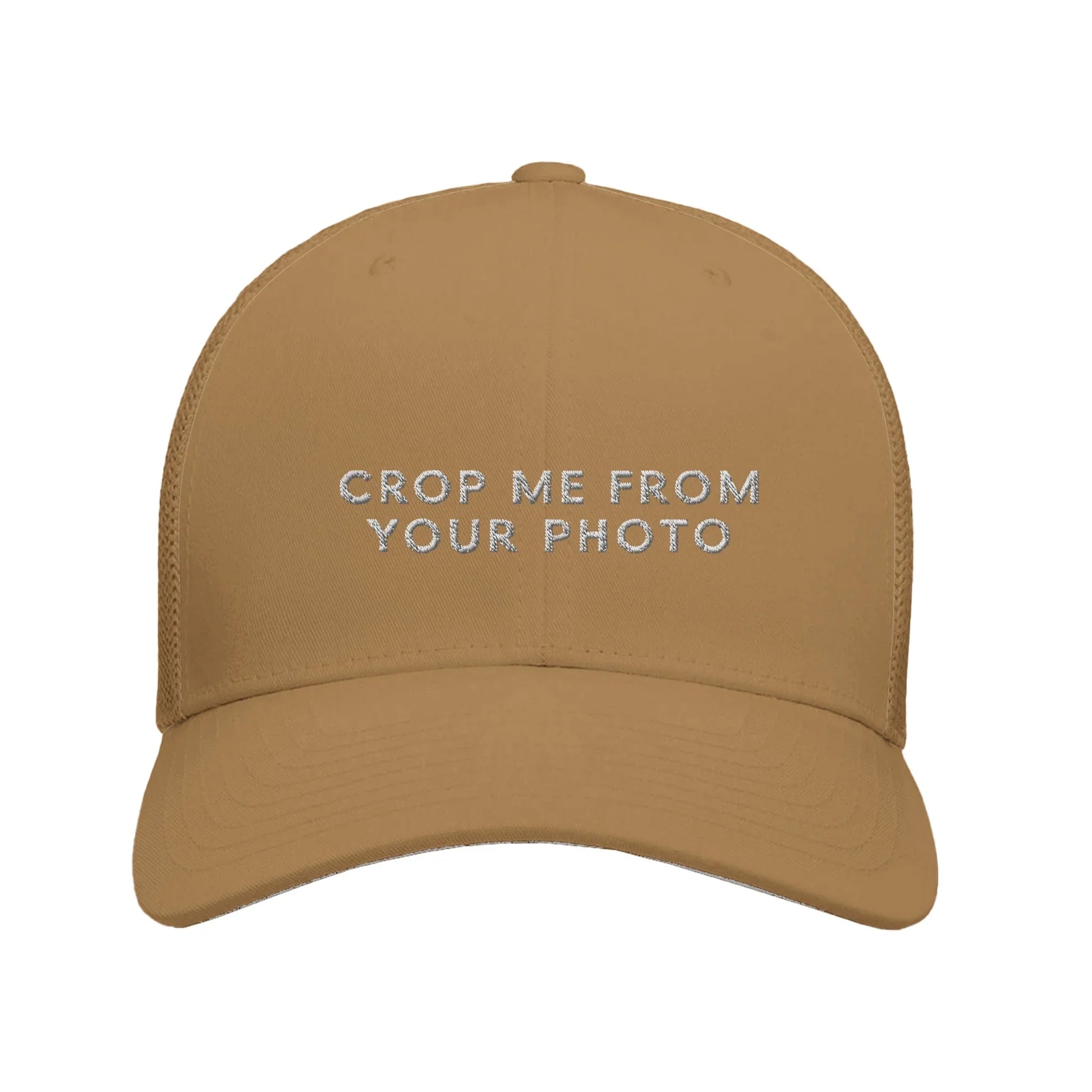 Caramel Embroidered Theme Park Trucker Hat with With “Crop Me From Your Photo” in a minimalistic design