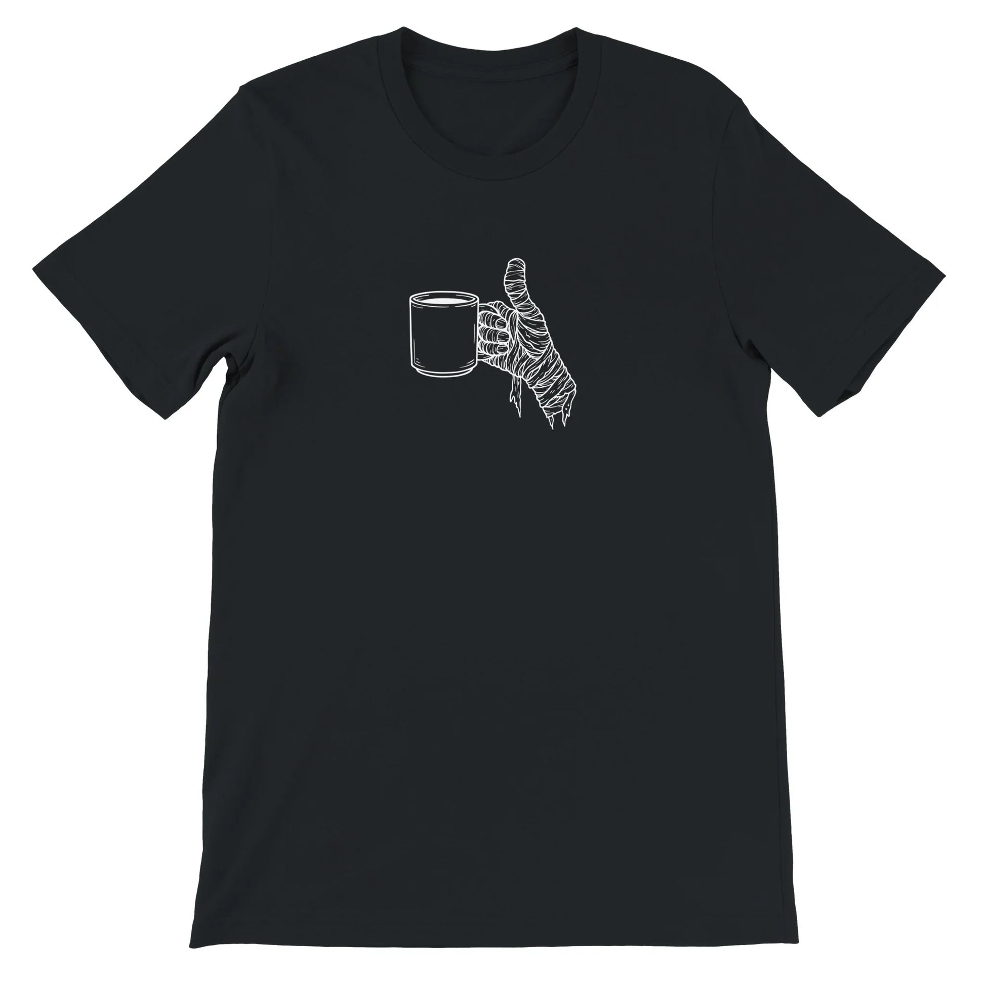 Black Spooky Season Theme Park Shirt with a mummy hand holding a cup of coffee in a minimalistic design