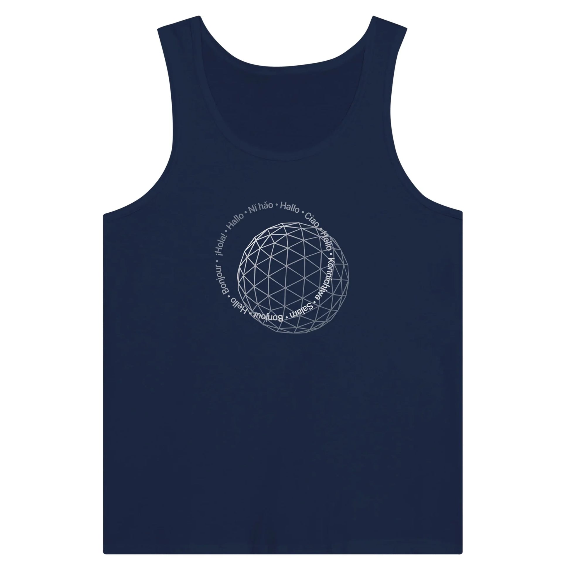 Blue Theme Park Tank Top with “Hello In Eleven Different Languages” in a minimalistic design