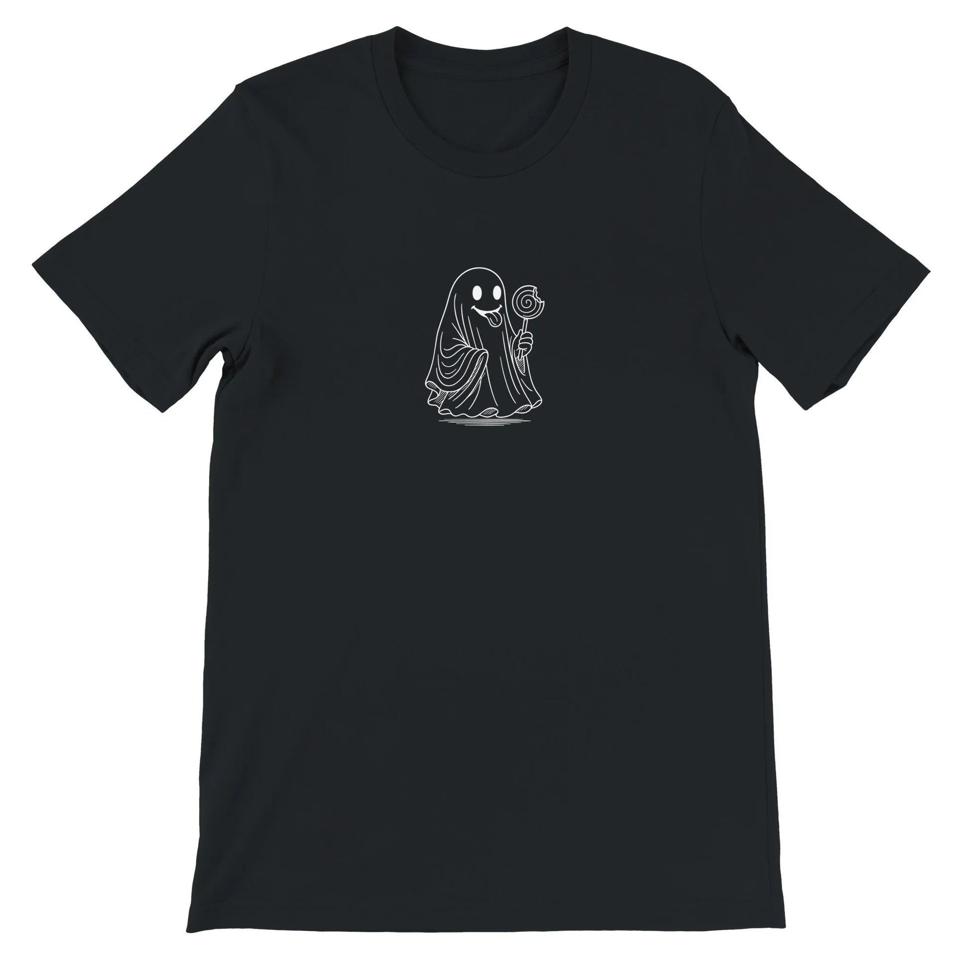 Black Spooky Season Theme Park Shirt with a ghost going through a haunted house holding a lollipop