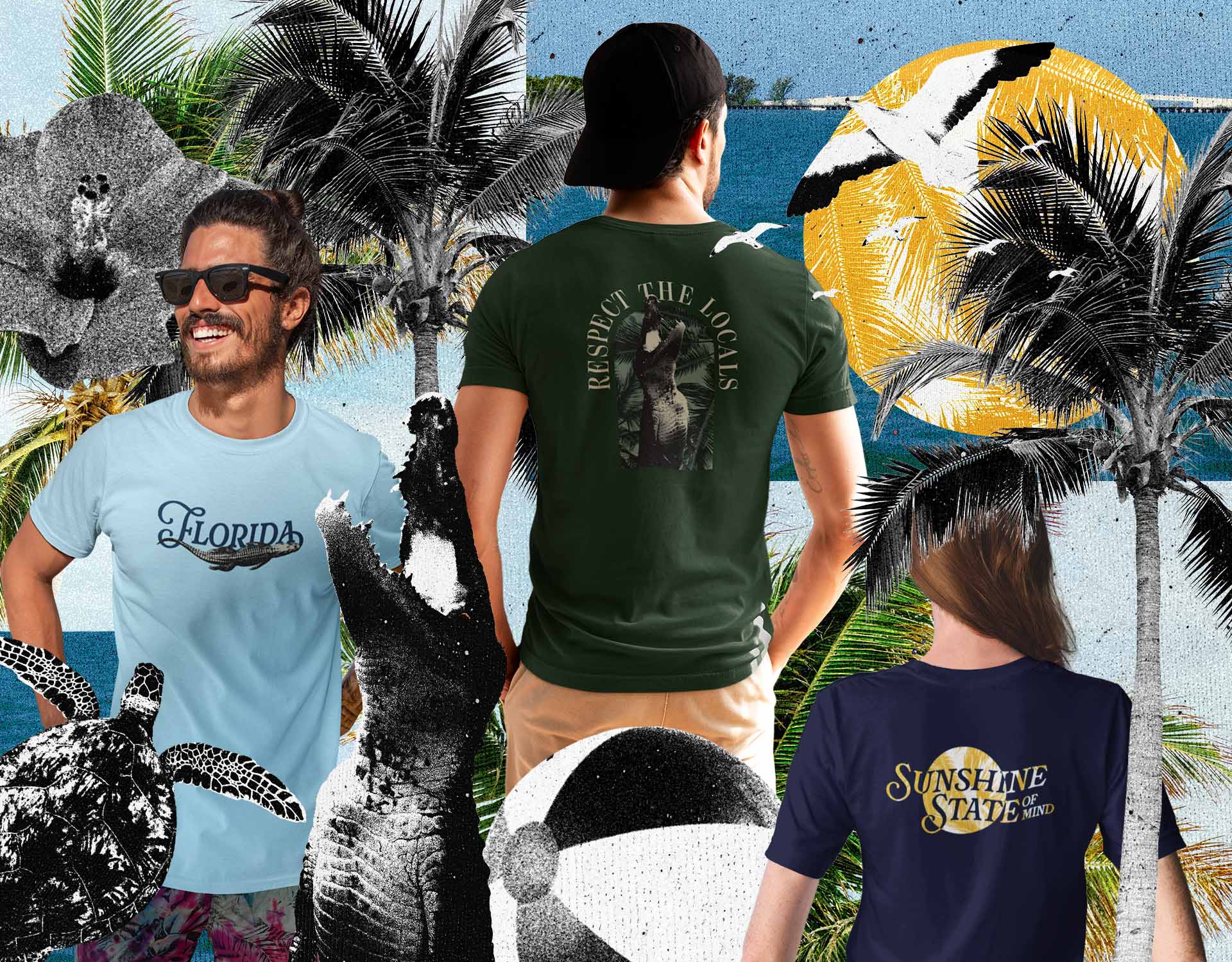 People wearing Florida-themed graphic t-shirts with palm trees and beach art background.