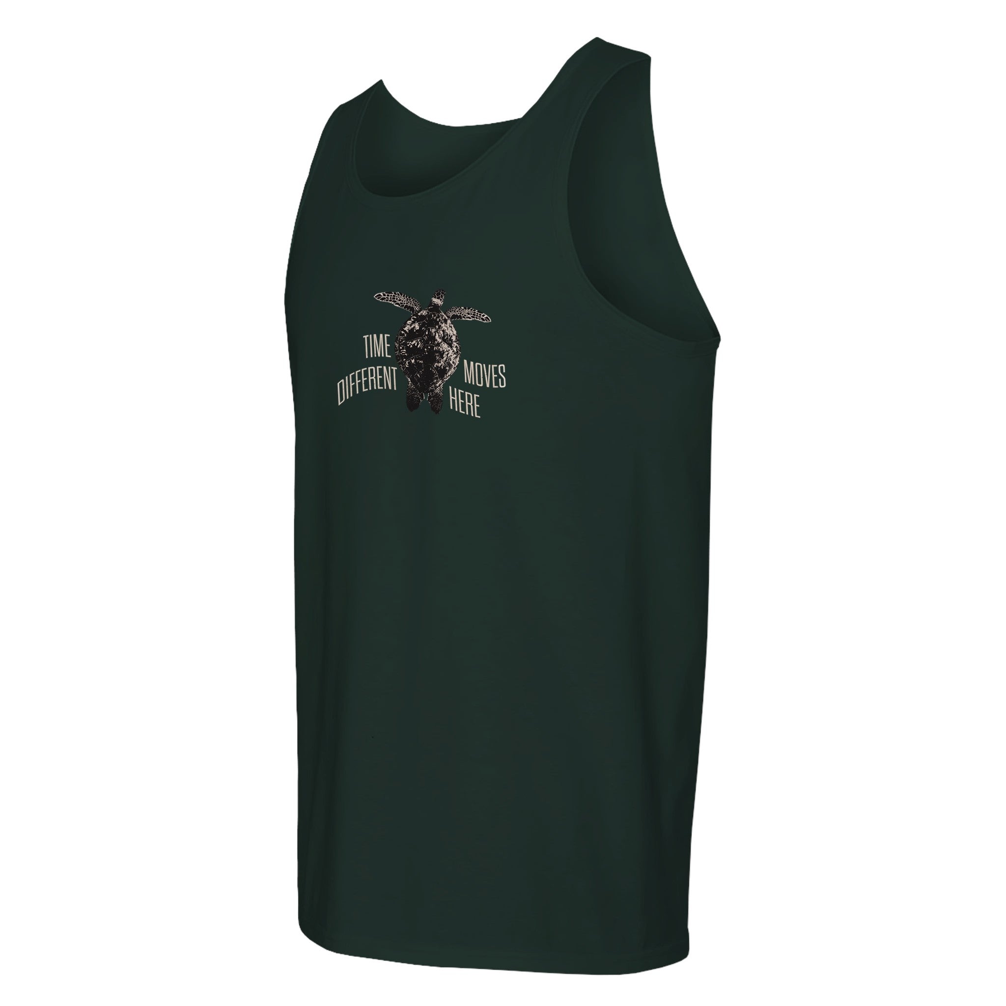 Dark green tank top with sea turtle graphic and 'Time moves different here' text