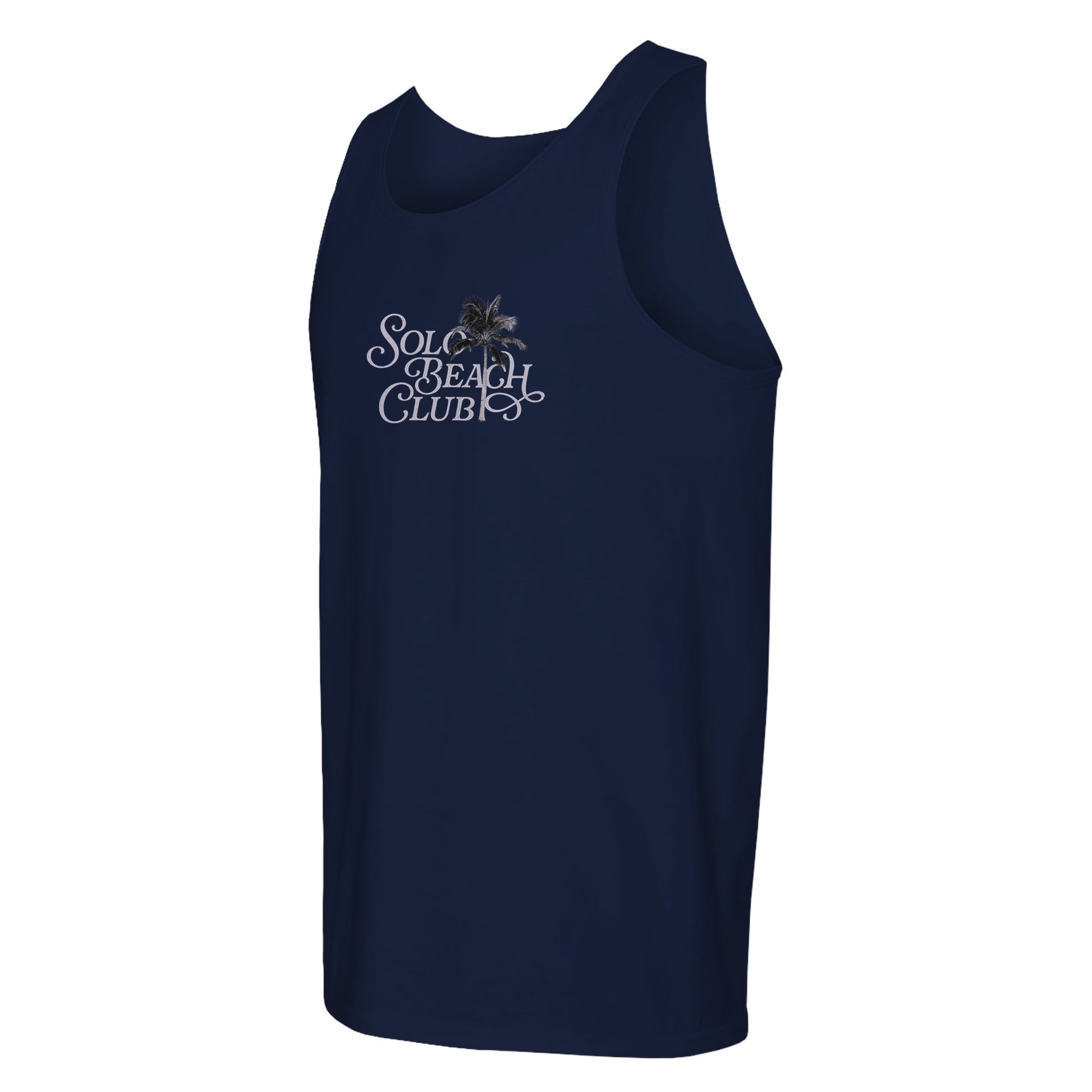 Navy blue tank top with Solo Beach Club palm tree graphic on chest