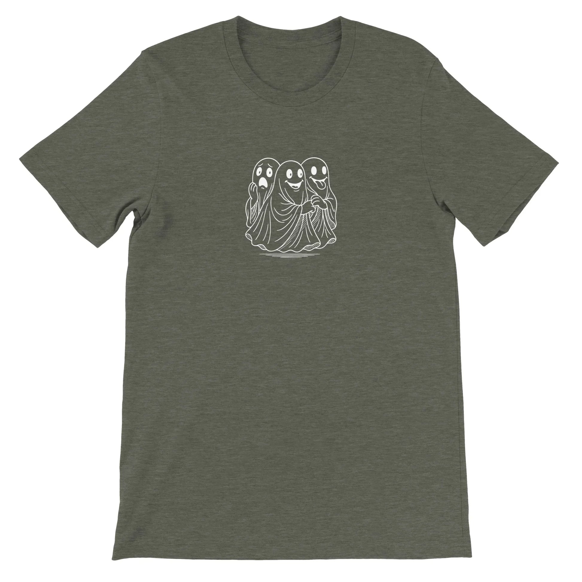 Green Spooky Season Theme Park Shirt with three ghosts going through a haunted house in a minimalistic design