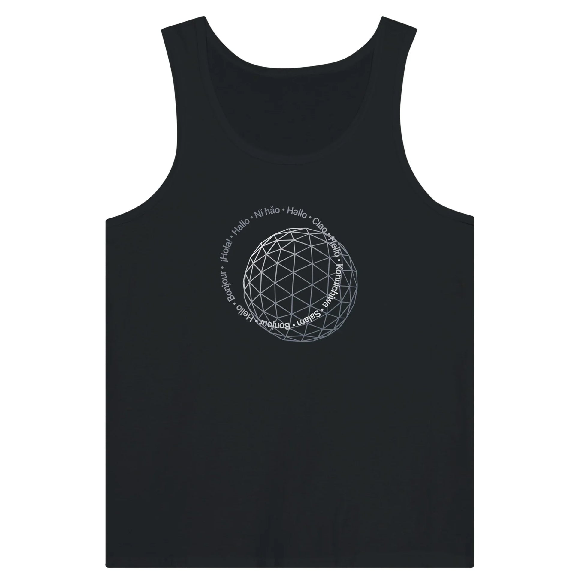 Black Theme Park Tank Top with “Hello In Eleven Different Languages” in a minimalistic design