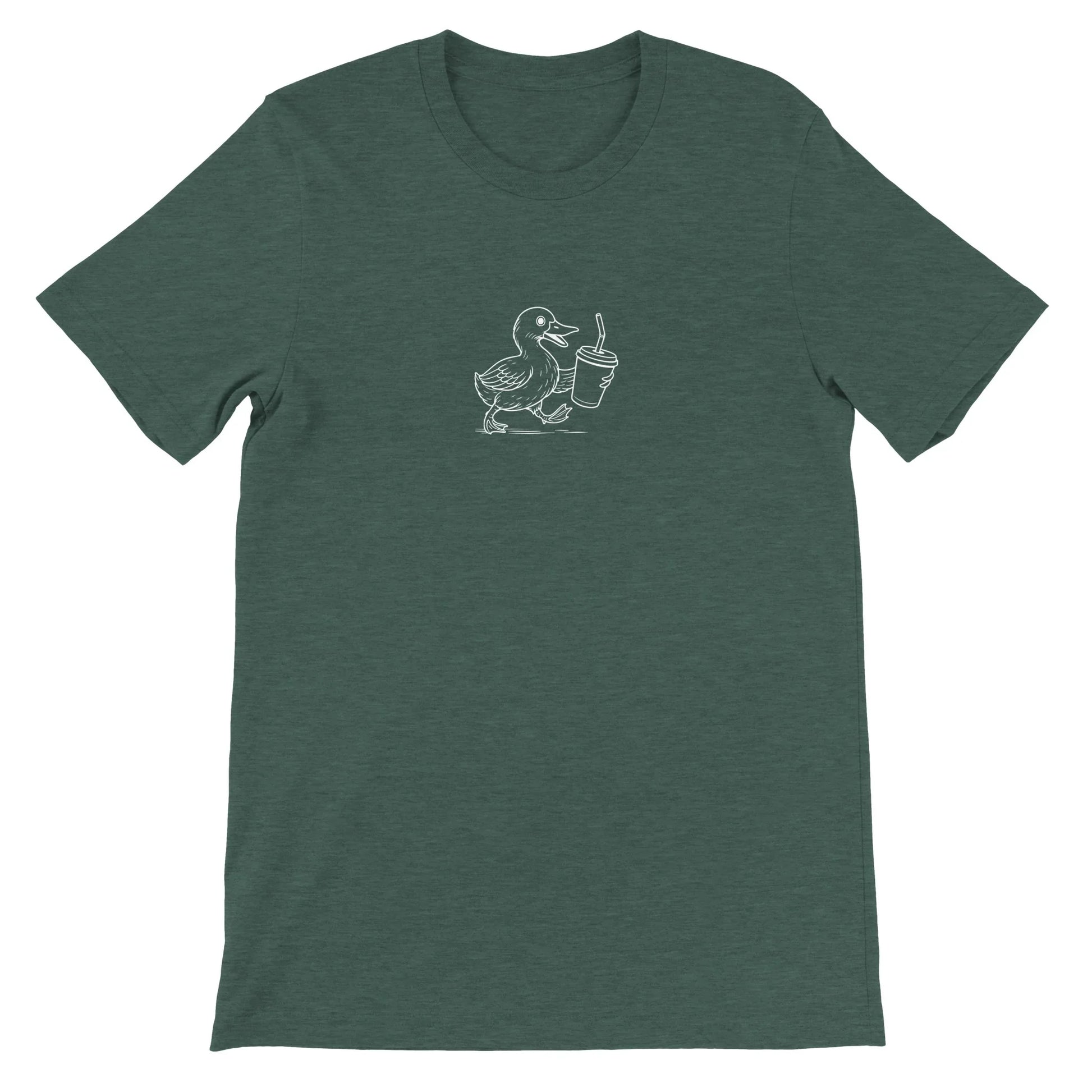Green Theme Park Shirt with a Theme Park Duck Holding a Soda In a Minimalistic Design