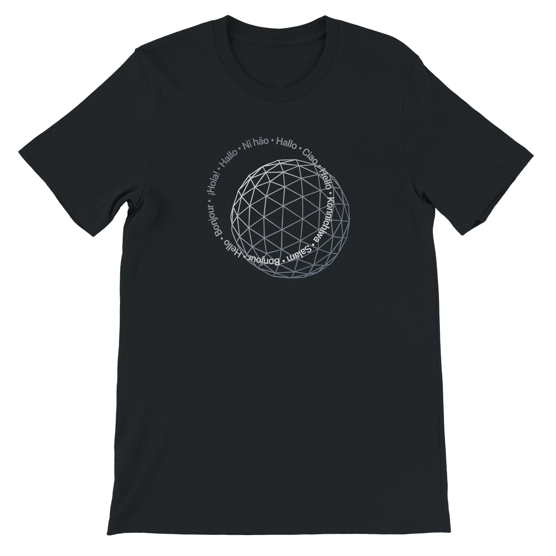 Black Theme Park Shirt with “Hello In Eleven Different Languages” in a minimalistic design