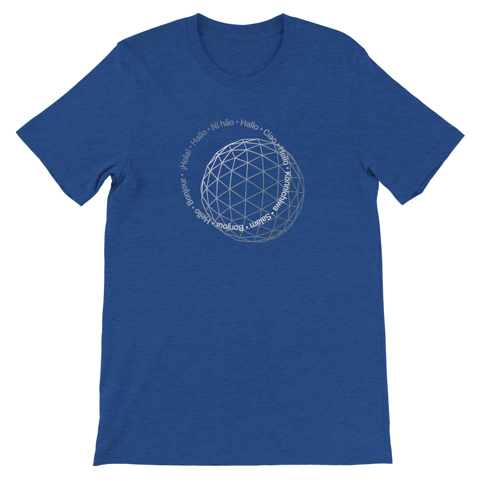 Blue Theme Park Shirt with “Hello In Eleven Different Languages” in a minimalistic design