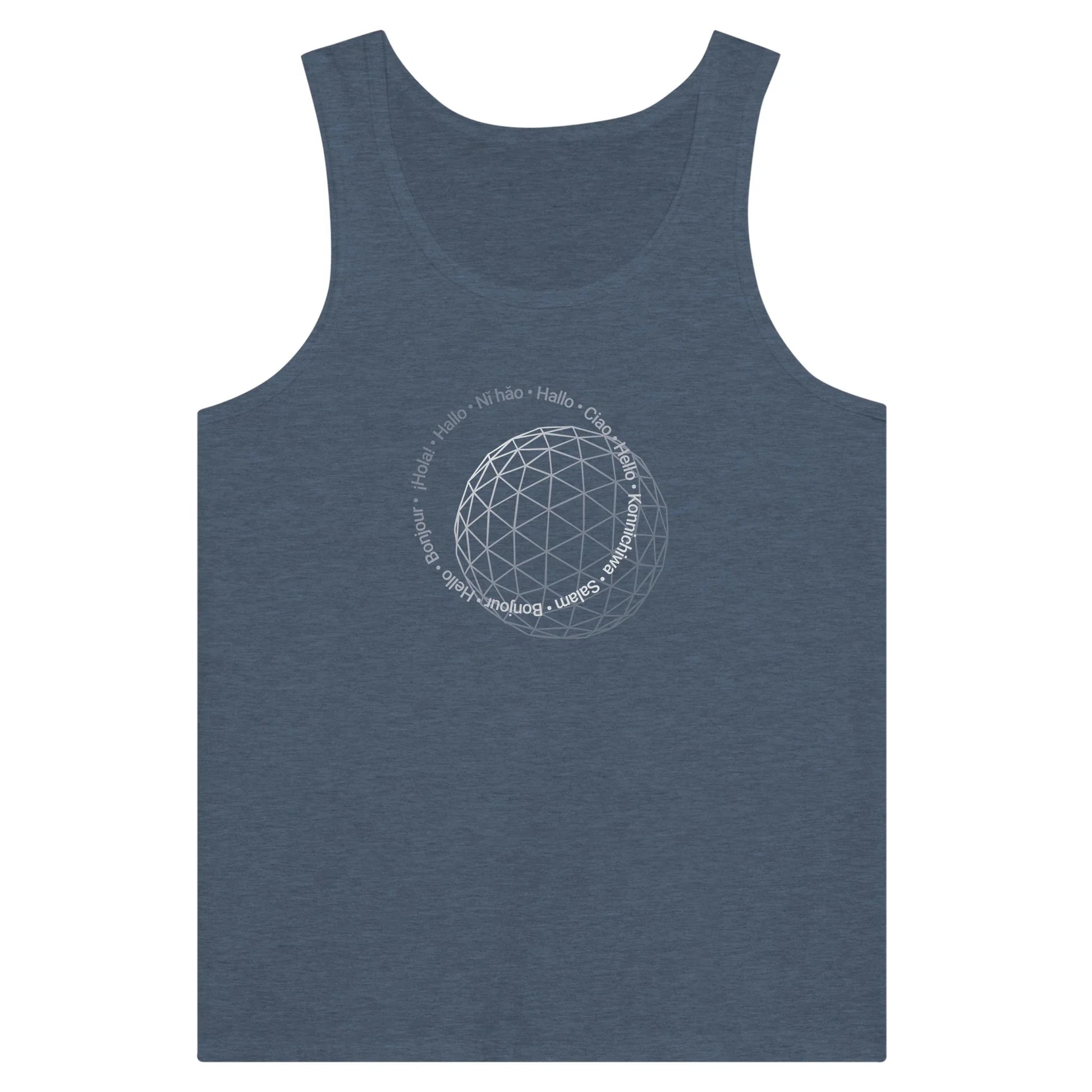 Navy Theme Park Tank Top with “Hello In Eleven Different Languages” in a minimalistic design